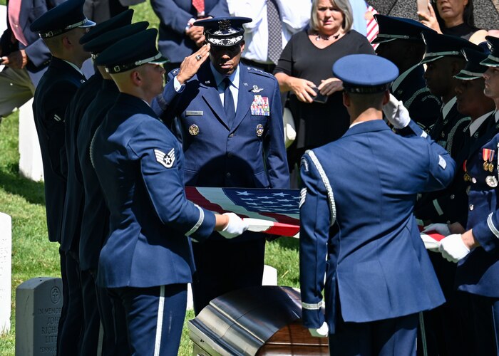 Air Force Chief of Staff Gen. CQ Brown, Jr. salutes during the funeral of Brig. Gen. Charles E. McGee at Arlington National Cemetery, Arlington, Va., June 17, 2022. McGee, a Tuskegee Airman, died Jan. 16, 2022 at the age of 102. He served 30 years during World War II, the Korean War and the Vietnam War. (U.S. Air Force photo by Eric Dietrich)