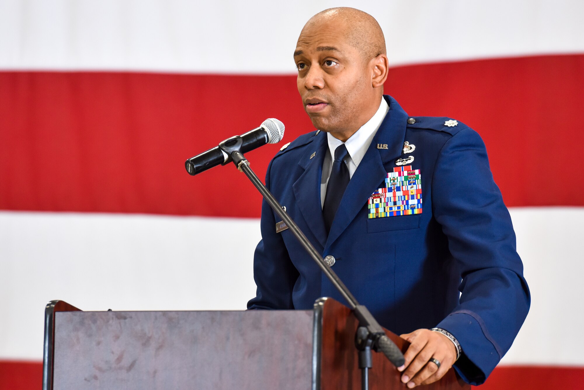 U.S. Air Force Lt. Col. Erwin Mason, 316th Training Squadron commander, delivers opening remark during the Juneteenth commemoration ceremony at Goodfellow Air Force Base, Texas, June 16, 2022. Mason took command of the 316th TRS last year on the Juneteenth holiday. (U.S. Air Force photo by Staff Sgt. Jermaine Ayers)