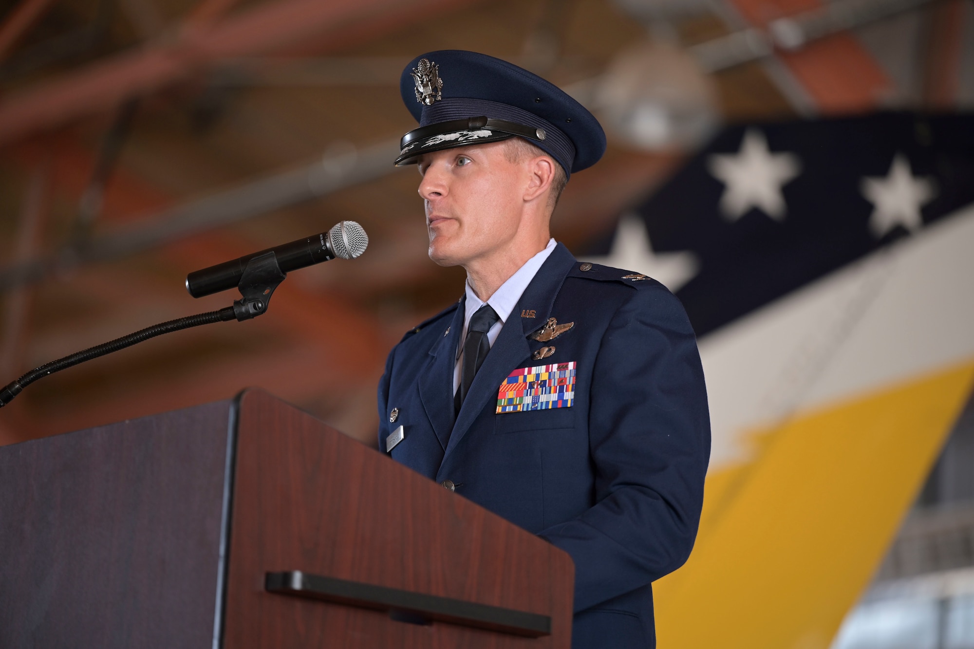 Col. Justin B. Spears, 49th Wing commander, gives his first speech to the Fightin’ 49ers during a change of command ceremony, June 17, 2022, on Holloman Air Force Base, New Mexico. Spears was previously the commander of the 14th Operations Group at Columbus Air Force Base, Mississippi, before assuming his new role as the commander of the 49th Wing. (U.S. Air Force photo by Airman 1st Class Antonio Salfran)