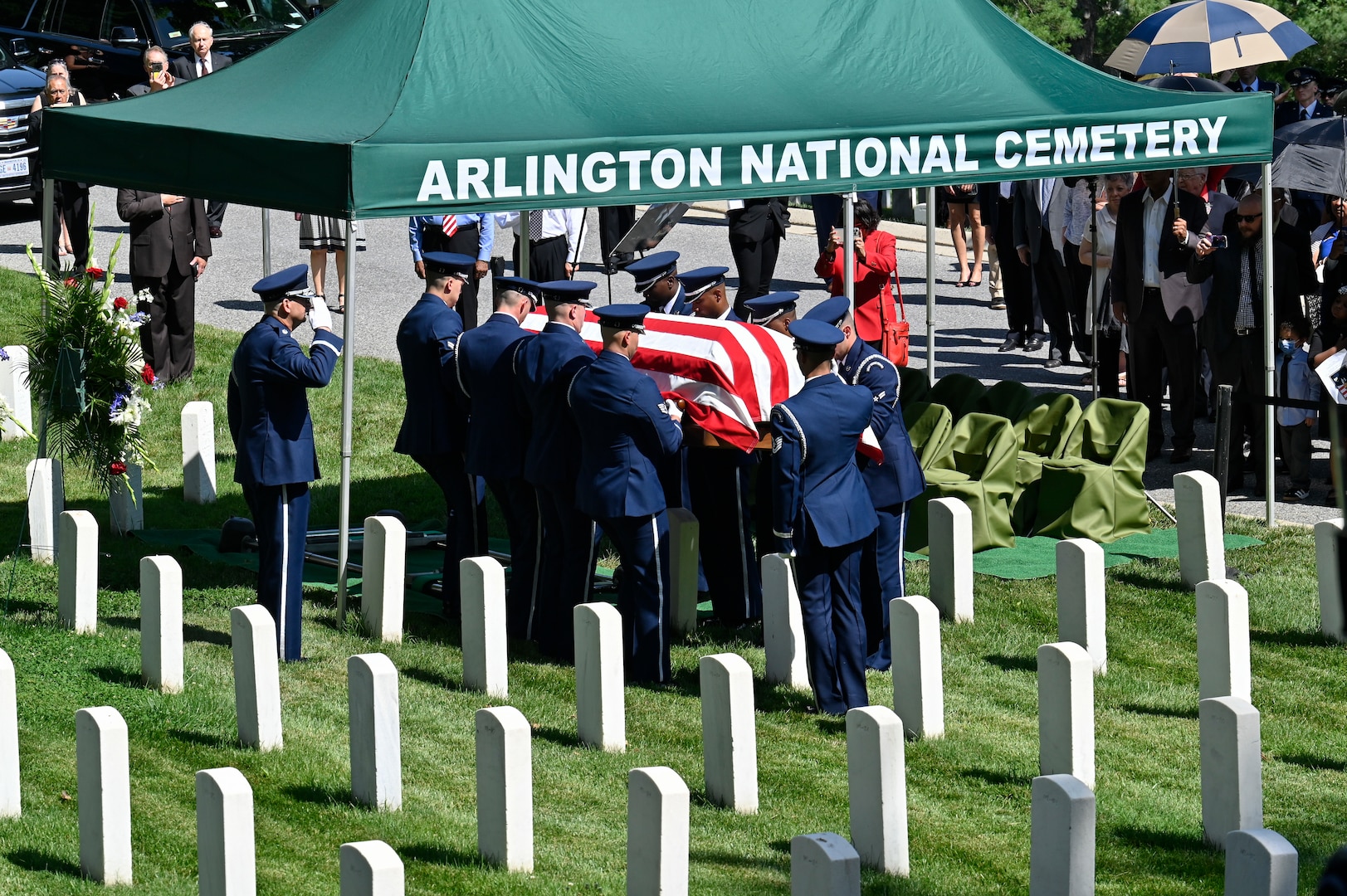 The Air Force Honor Guard carries the casket of Brig. Gen. Charles E. McGee during his funeral at Arlington National Cemetery, Arlington, Va., June 17, 2022. McGee, a Tuskegee Airman, died Jan. 16, 2022 at the age of 102. He served 30 years during World War II, the Korean War and the Vietnam War. (U.S. Air Force photo by Eric Dietrich)