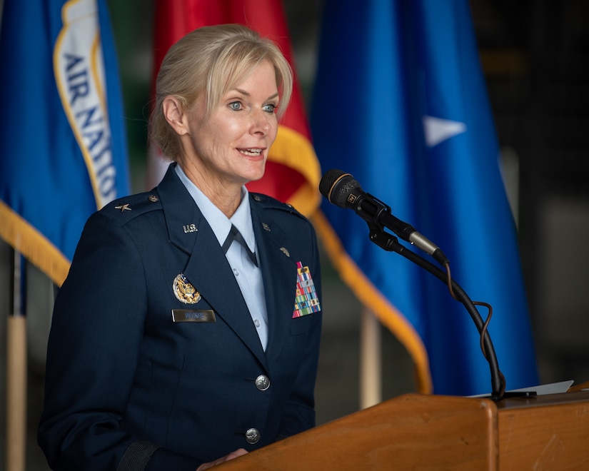 Brig. Gen. Mary S. Decker, chief of staff for Joint Force Headquarters — Air, Kentucky National Guard, speaks to the audience during her promotion ceremony June 11, 2022, at the Kentucky Air National Guard Base in Louisville, Ky. Decker joined the Air Force in 1987 as an airman basic. (U.S. Air National Guard photo by Dale Greer)