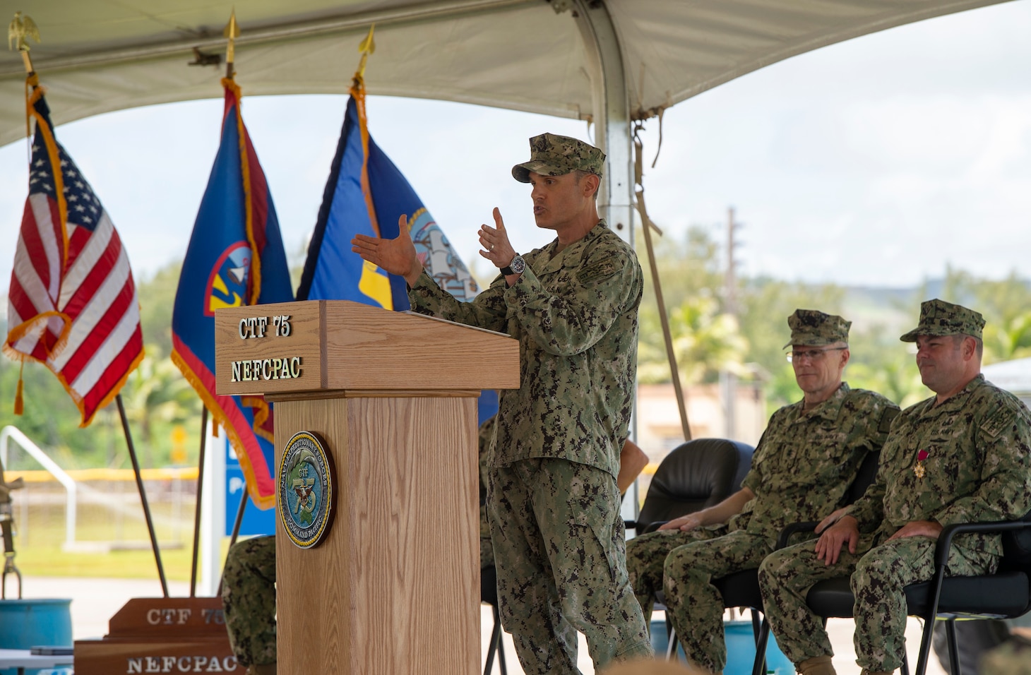 PITI, Guam (June 17, 2022) Commodore, Commander, Task Force 75 Capt. Shaun Lieb, delivers remarks during the change of command ceremony. Capt. Gareth Healy relinquished command as Commodore, CTF 75 to Lieb. CTF 75 provides expeditionary combat capabilities in the U.S. Navy's 7th Fleet area of operations and is capable of providing the fleet with diverse expeditionary warfighting capabilities that are combat-ready and able to deploy anywhere in U.S. 7th Fleet in response to any contingency. The Navy's expeditionary forces exist first and foremost to support the fleet's warfighting operations and are the Navy's sea-to-shore interface. (U.S. Navy photo by Mass Communication Specialist 1st Class Billy Ho)