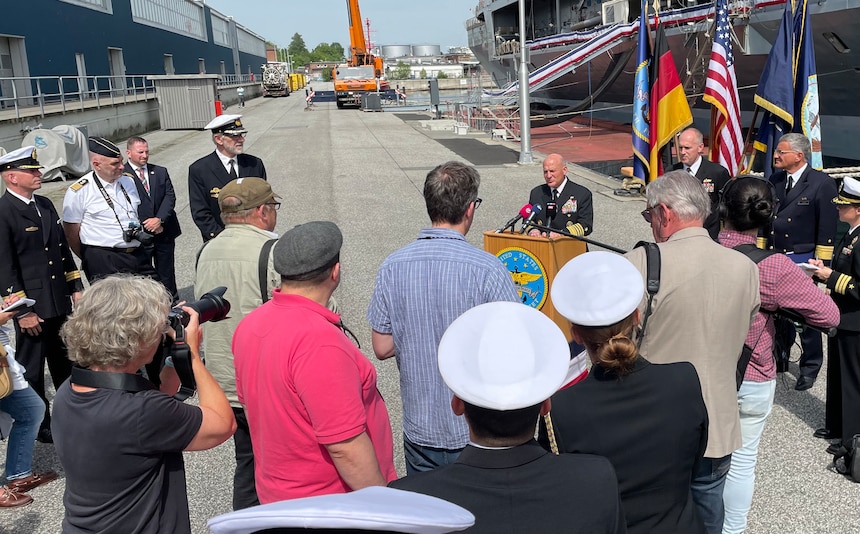 KIEL, Germany (June 17, 2022) - Chief of Naval Operations Adm. Mike Gilday speaks with media alongside Vice Adm. Eugene Black, commander, U.S. 6th Fleet, and Vice Adm. Frank Lenski, Vice Chief of the German Navy, during the BALTOPS 22 closing press conference. BALTOPS 22 is the premier maritime-focused exercise in the Baltic Region. The exercise, led by U.S. Naval Forces Europe-Africa, and executed by Naval Striking and Support Forces NATO, provides a unique training opportunity to strengthen combined response capabilities critical to preserving freedom of navigation and security in the Baltic Sea. (U.S. Navy photo by Lt. Cmdr. Paul Newell/Released)