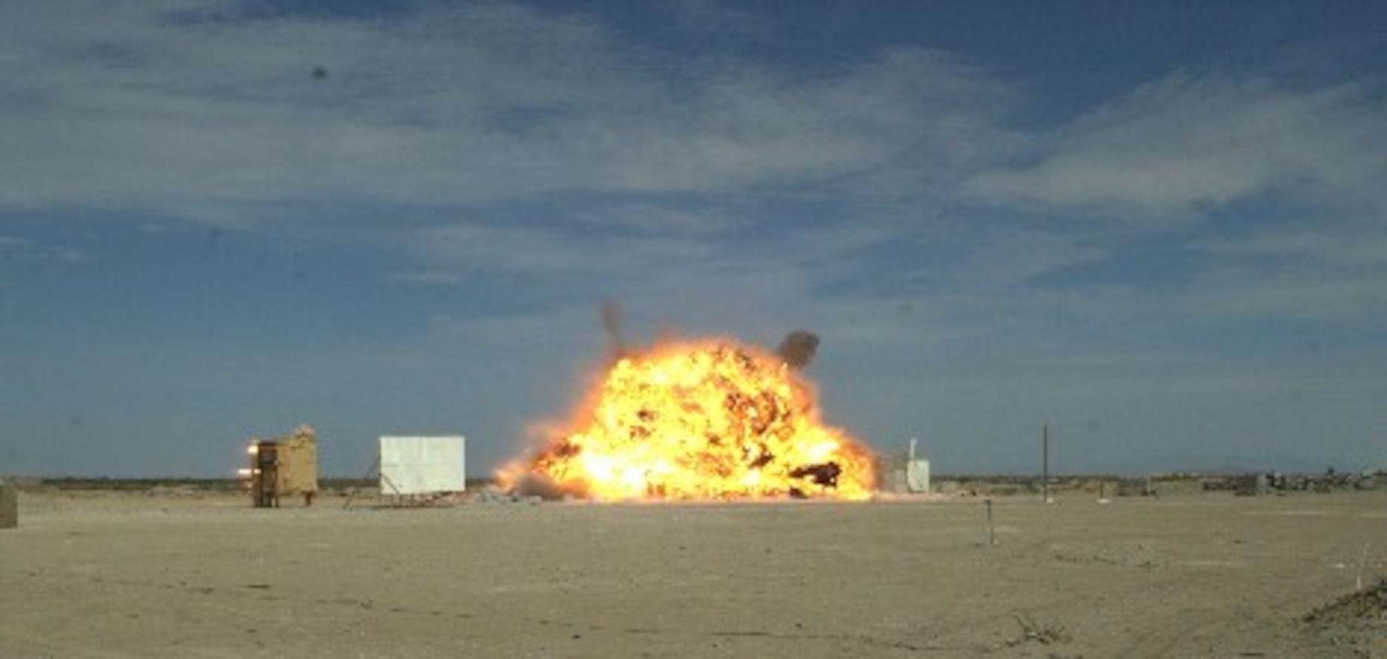 BLU-134/B detonation viewpoint south of DIC box, traditional coletex bundles capturing fragments. USAF Courtesy photo.