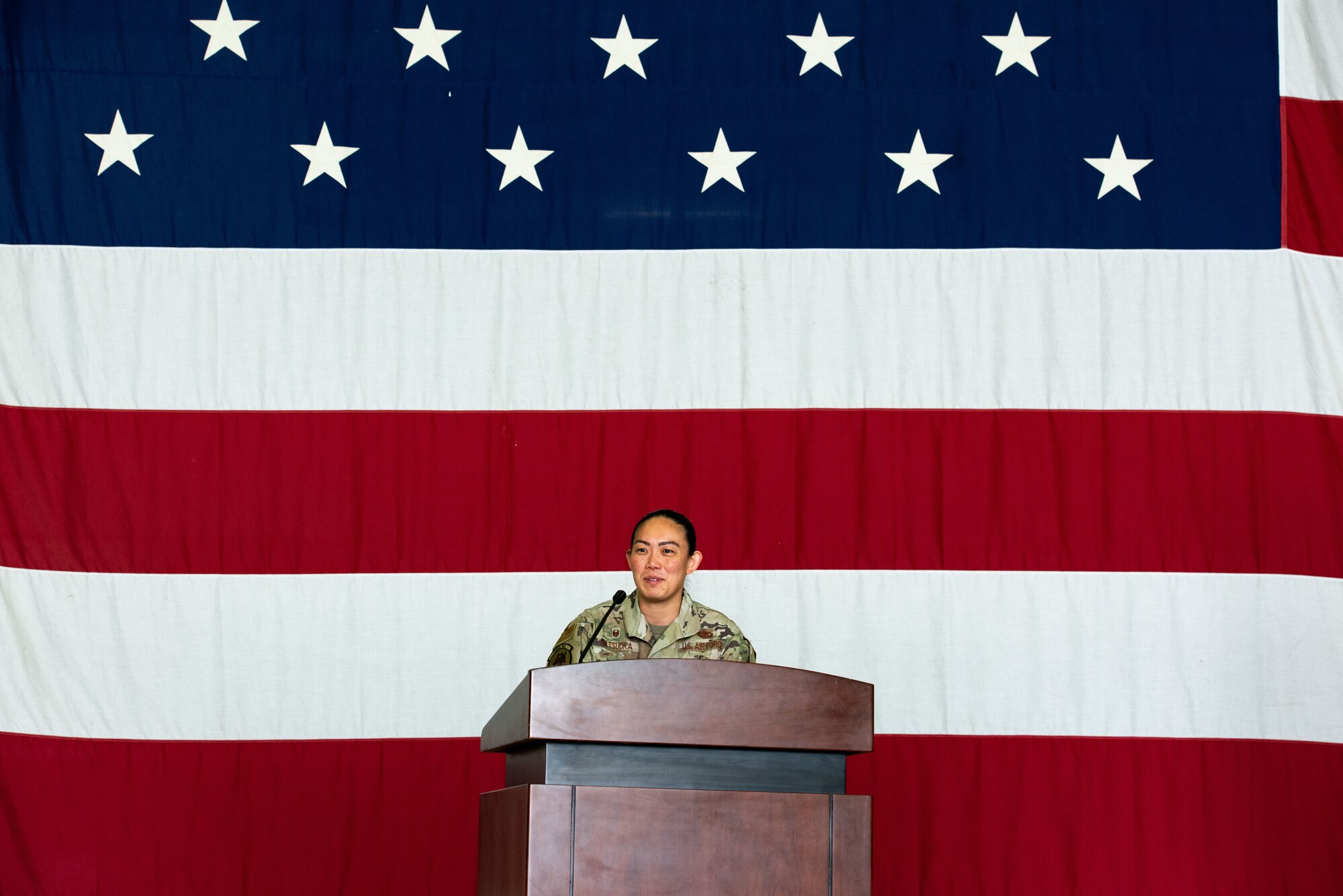 Maj. Kelliane Matsuoka, 36th Fighter Generation Squadron commander, delivers her acceptance speech as the newly-appointed 36th FGS commander