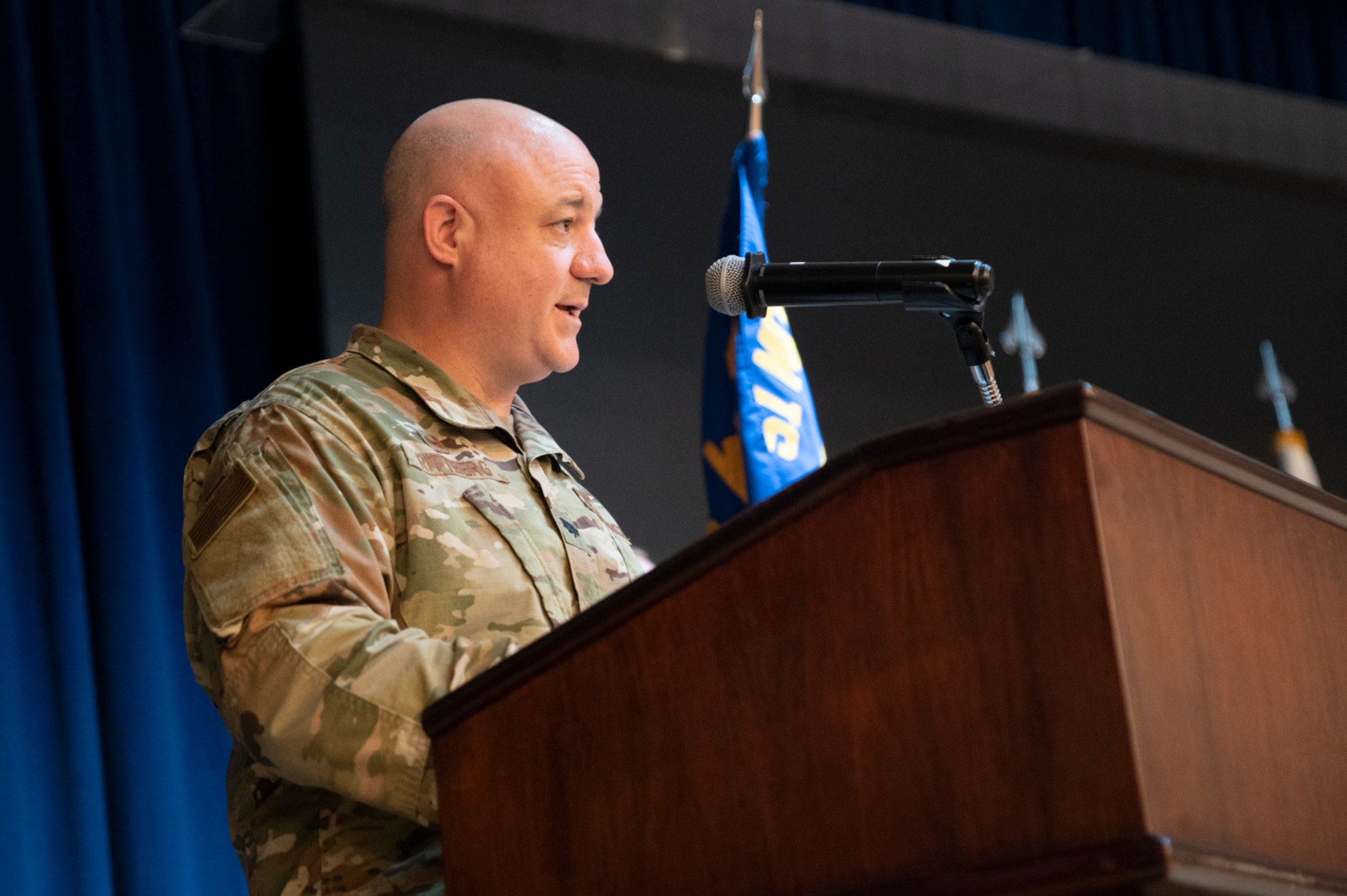 Lt. Col. Marc Rittberg, 51st Medical Support Squadron (MDSS) commander, delivers his acceptance speech as the newly-appointed MDSS commander