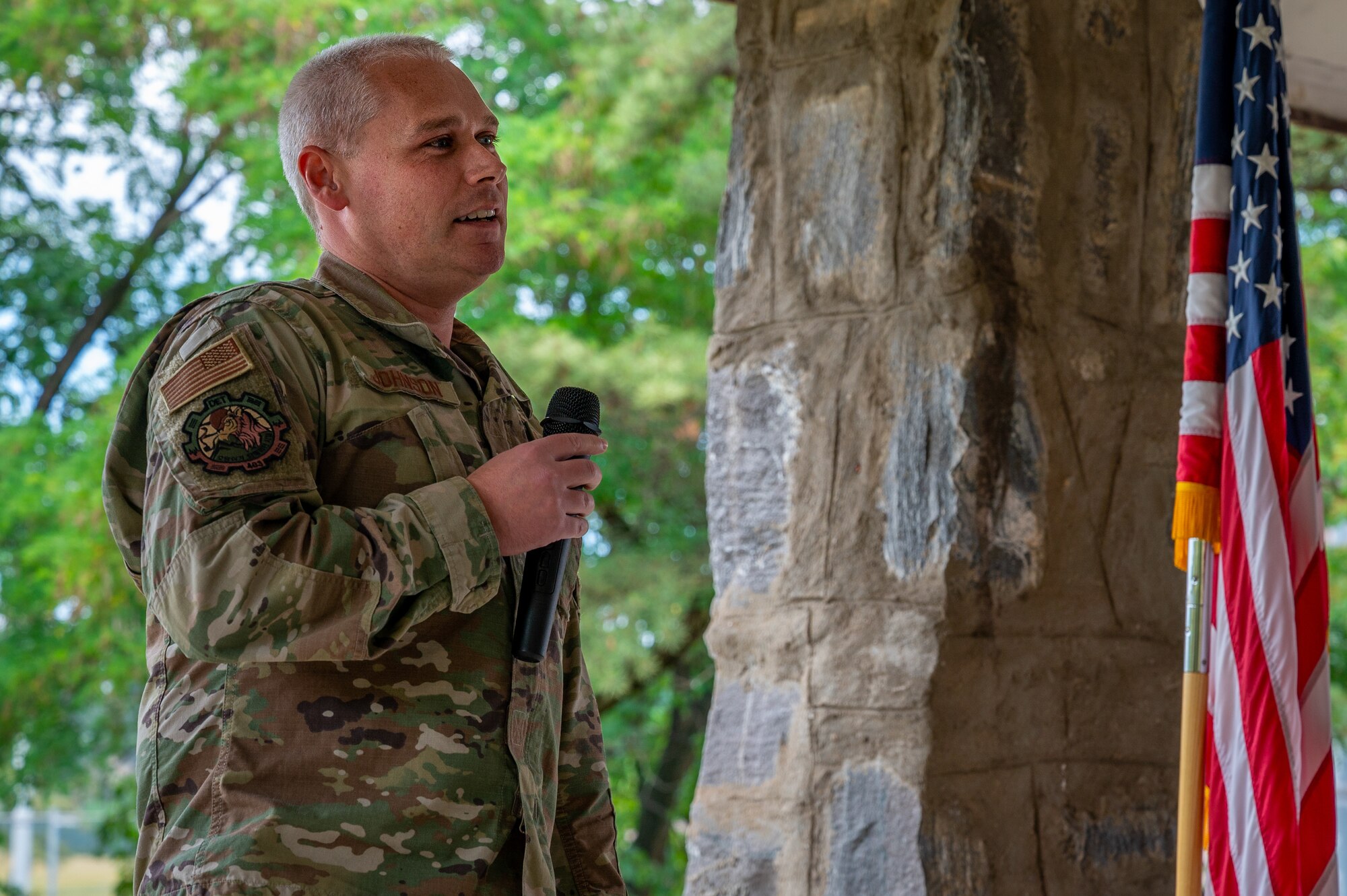 Maj. Brent Johnson, Air Force Technical Applications Center Detachment (AFTAC, Det) 403 incoming commander, delivers his acceptance speech as the newly-appointed AFTAC, Det. 403 commander