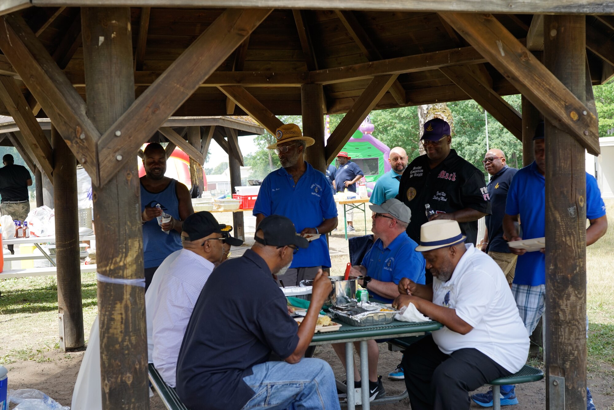 Kaiserslautern Military Community’s second annual Juneteenth Celebration attendees gather under a picnic pagoda at Pulaski Barracks, Germany, June 18, 2022. The attendees shared stories, laughter, and inspirational thoughts with one another. (U.S. Air Force photo by Airman 1st Class Lauren Jacoby)