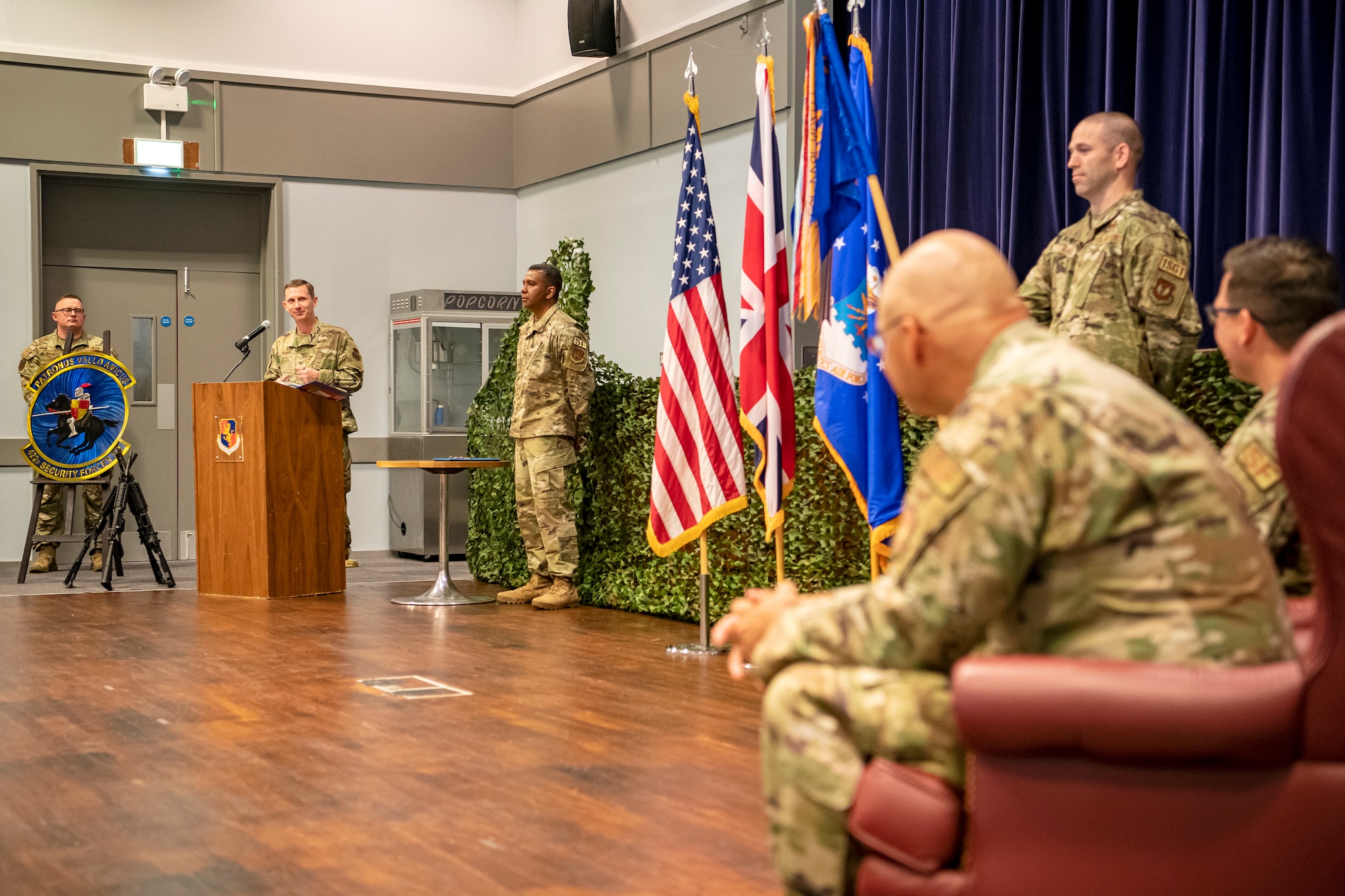 U.S. Air Force Col. Jon T. Hannah, left, 422d Air Base Group commander, pins a meritorious service medal onto Maj. Thomas W. Uhl, 422d Security Forces Squadron commander, during a change of command ceremony at RAF Croughton, England, June 16, 2022. Throughout his command, Uhl led over 200 Defenders, Ministry of Defence Police and Guard along with augmentees in providing security for the U.S. Air Force’s only Bomber Forward Operation location and protection level 1 resources within the United Kingdom. (U.S. Air Force photo by Staff Sgt. Eugene Oliver)