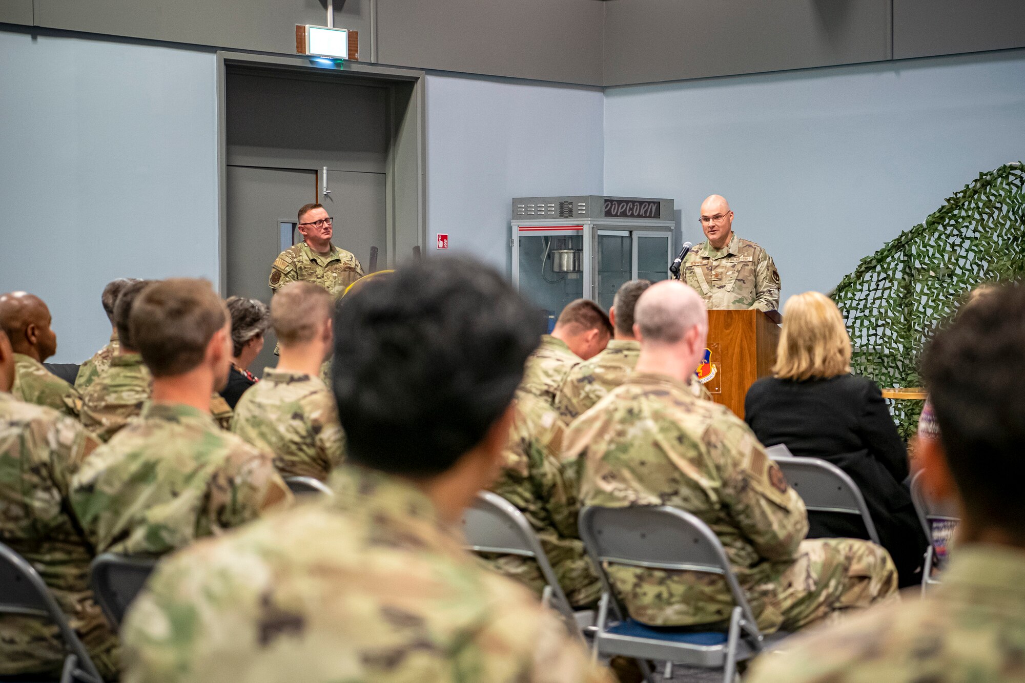 U.S. Air Force Maj. Kendall P. Benton, 422d Security Forces Squadron incoming commander, speaks during a change of command ceremony at RAF Croughton, England, June 16, 2022. Prior to assuming command of the 422d SFS, Benton served as the Action Officer for the Policy Branch in the Air Force Security Forces Directorate at the Pentagon in Washington, D.C. (U.S. Air Force photo by Staff Sgt. Eugene Oliver)