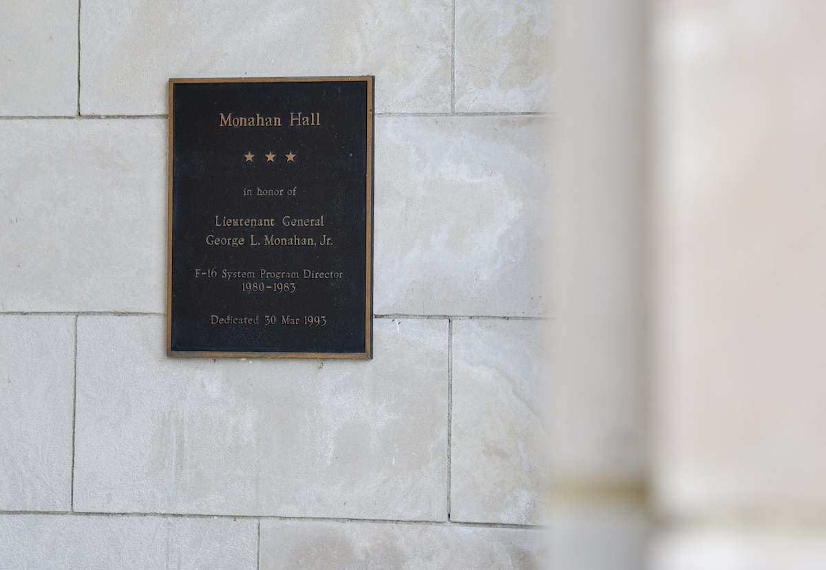 A plaque next to the entrance of Building 12 on Area B honors Lt. Gen. George Monahan Jr., Wright-Patterson Air Force Base, Ohio.