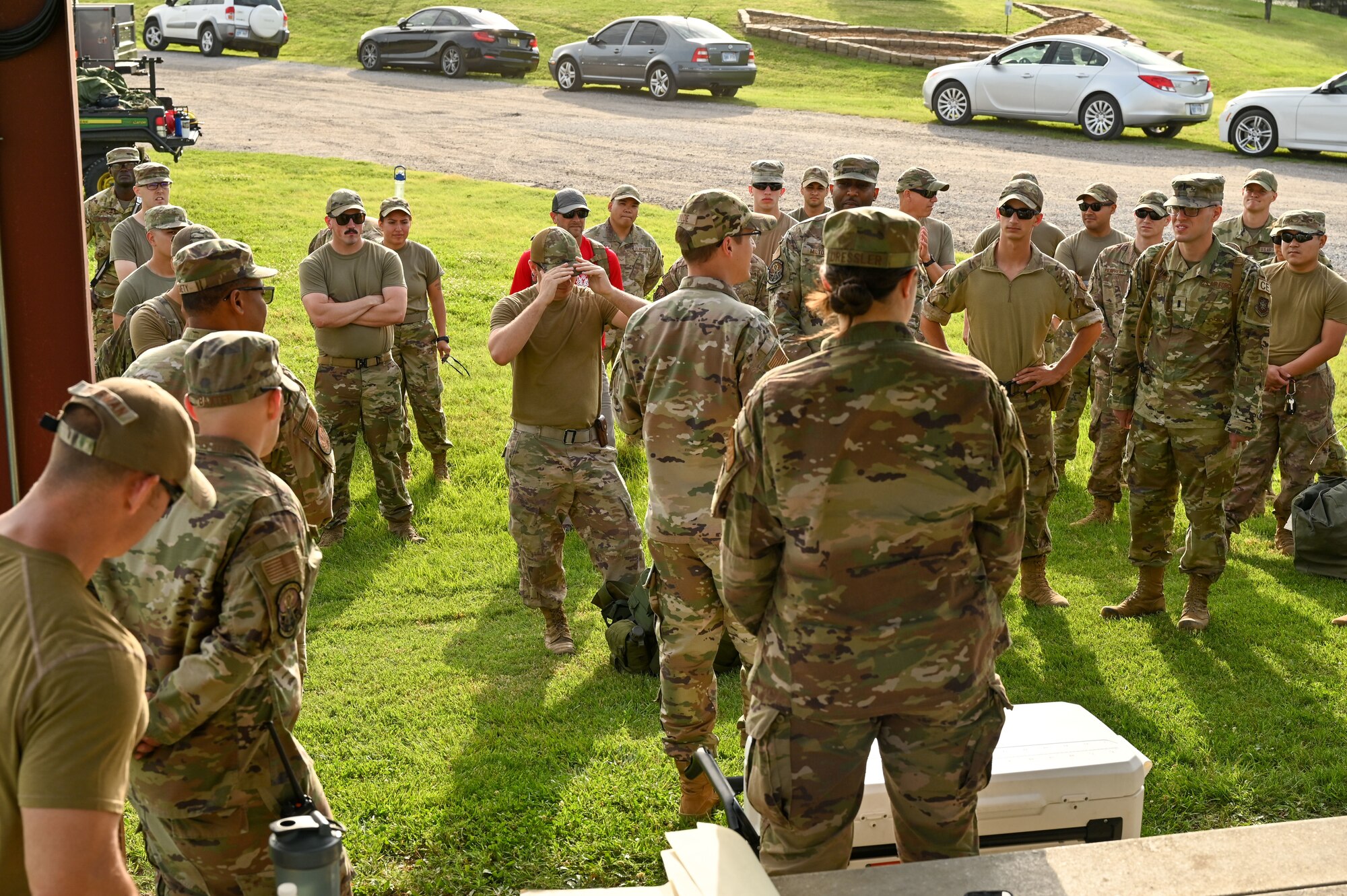 Captain Jacob Wilde, 22nd Air Refueling Wing chaplain, gives a resilience speech before the “Battle of the Bulls” training exercise June 15, 2022, at McConnell Air Force Base, Kansas.