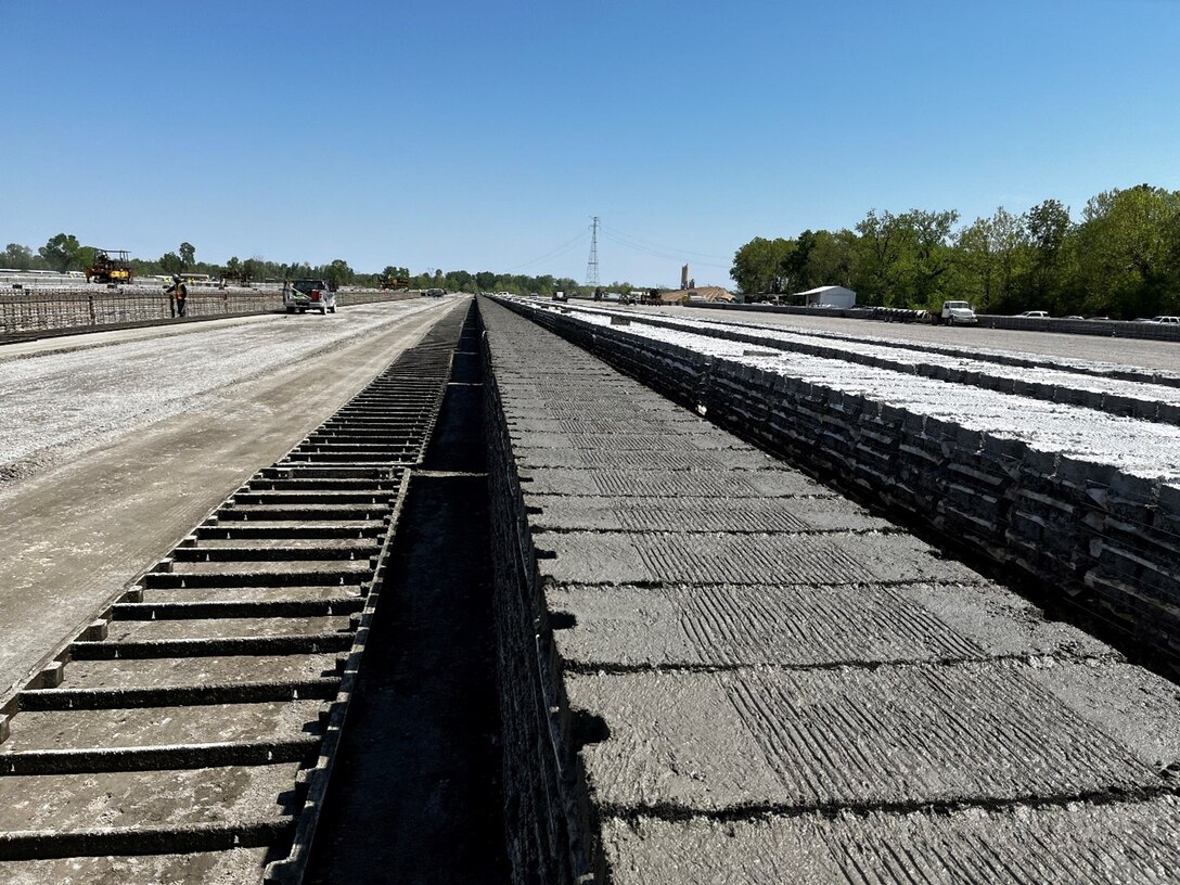 IN THE PHOTO, Some of these squares cast will likely be used on Armor 1 (the new Mat Sinking Unit), so it is imperative that all squares meet the contract specifications. With the Mat Sinking Unit stocked with ACM and ready to go, the district can continue to provide riverbank protection along with sound, navigable waters for the industries transporting goods up and down the river. (Courtesy photo)