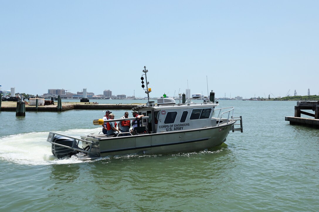 Members of the Galveston District's Hydrographic Survey Section get underway to conduct a hydrographic survey of the Galveston ship channel. The 'Hydro' team primarily assists marine construction by monitoring the condition of the navigation channels and determining how much material is removed after dredging work.