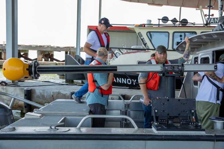 U.S. Army Corps of Engineers (USACE), Galveston District hydrographic surveyors prepare their EdgeTech 6205s bathymetry and side-scan sonar before getting underway to conduct a survey, June 9. Side-scan sonar emits pulses that measure the intensity of the signal return to locate objects and provide an understanding of the differences in material and texture of the ocean floor.