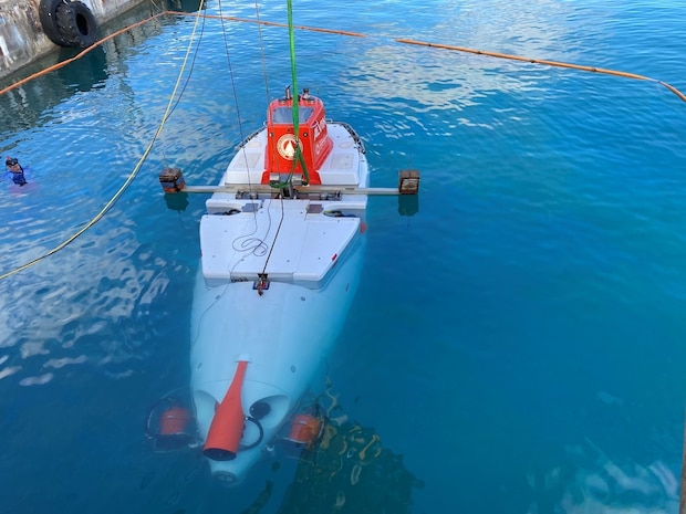 Deep Submergence Vehicle Alvin breaches the surface.