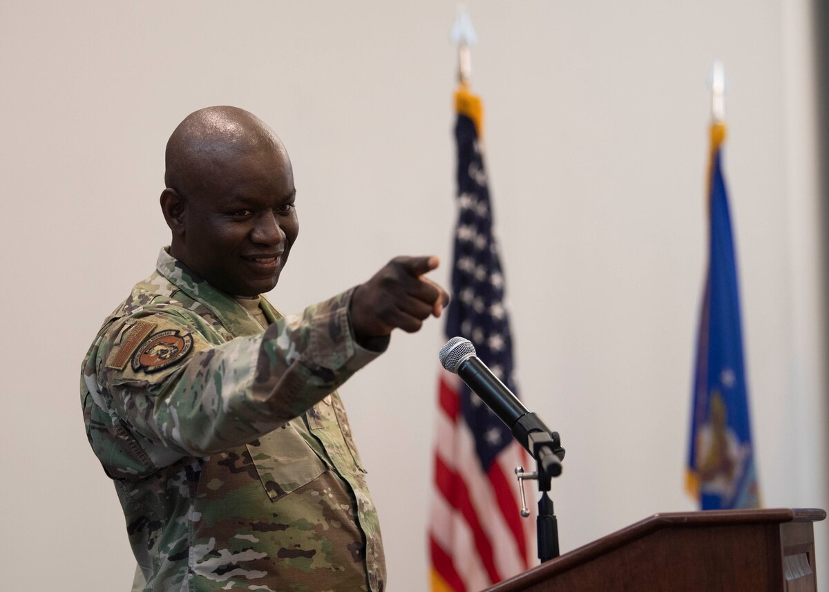 Lt. Col. Schneider Rislin, outgoing 436th Security Forces Squadron commander, thanks his squadron during a change of command ceremony held at The Landings on Dover Air Force Base, Delaware, June 21, 2022. Rislin will be taking on the role of 436th MSG deputy commander. (U.S. Air Force photo by TSgt. J.D. Strong II)