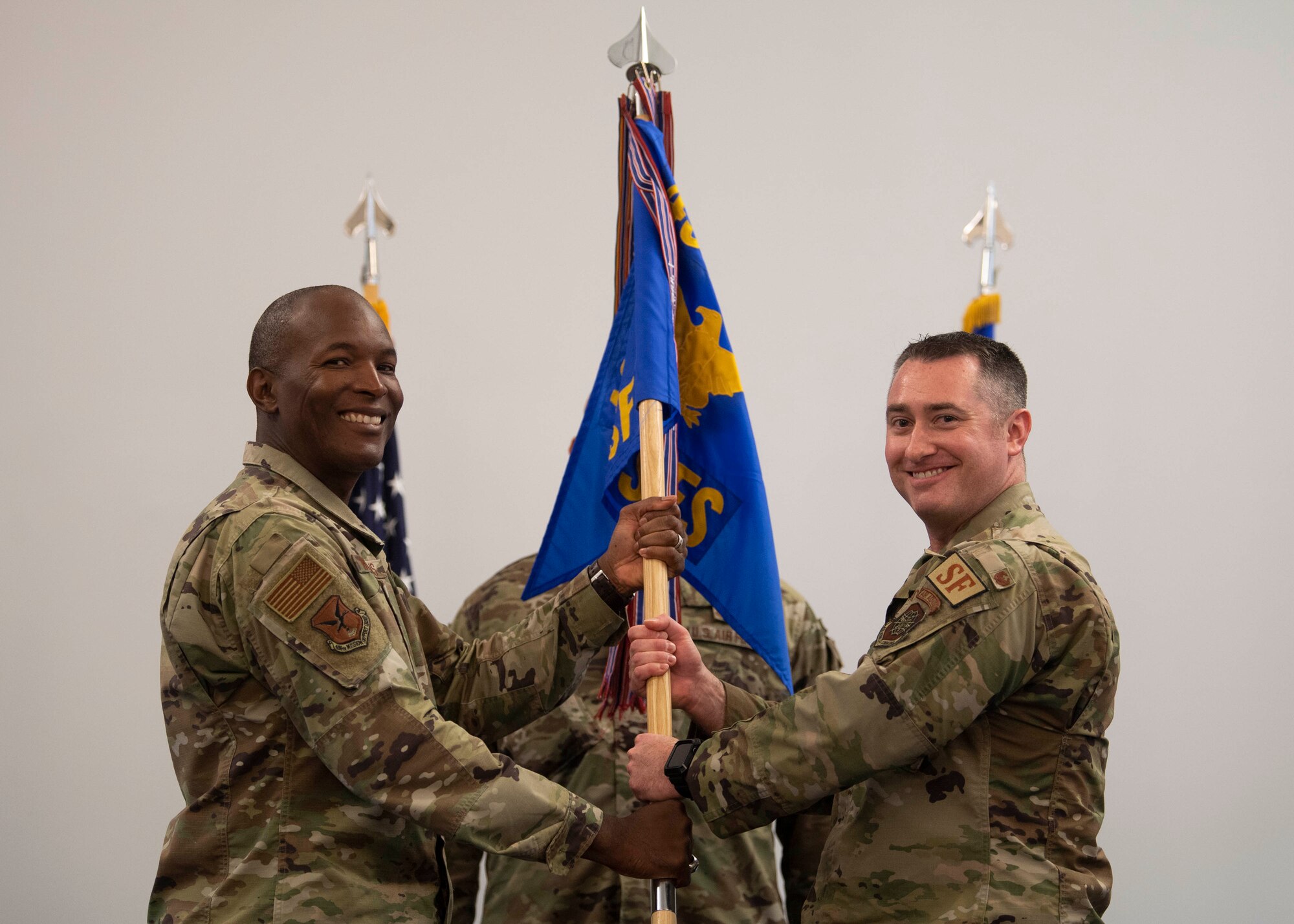Maj. David Ratté, 436th Security Forces Squadron commander, receives a first salute from his unit during a change of command ceremony held at The Landings on Dover Air Force Base, Delaware, June 21, 2022. Ratté was previously the 768th Expeditionary Air Base Squadron defense force commander. (U.S. Air Force photo by TSgt. J.D. Strong II)