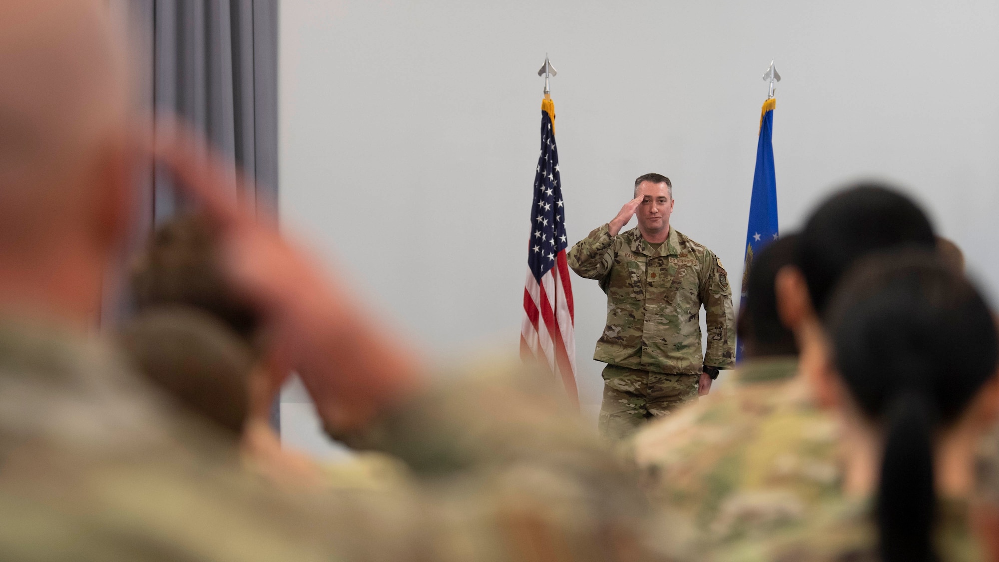 Maj. David Ratté, 436th Security Forces Squadron commander, receives a first salute from his unit during a change of command ceremony held at The Landings on Dover Air Force Base, Delaware, June 21, 2022. Ratté was previously the 768th Expeditionary Air Base Squadron defense force commander. (U.S. Air Force photo by TSgt. J.D. Strong II)