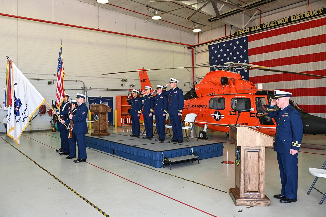U.S. Coast Guard Cmdr G. Andrew Clayon takes leadership of U.S. Coast Guard Air Station Detroit, Selfridge Air National Guard Base, Michigan, on June 10, 2022. (U.S. Air National Guard photo by Terry L. Atwell)