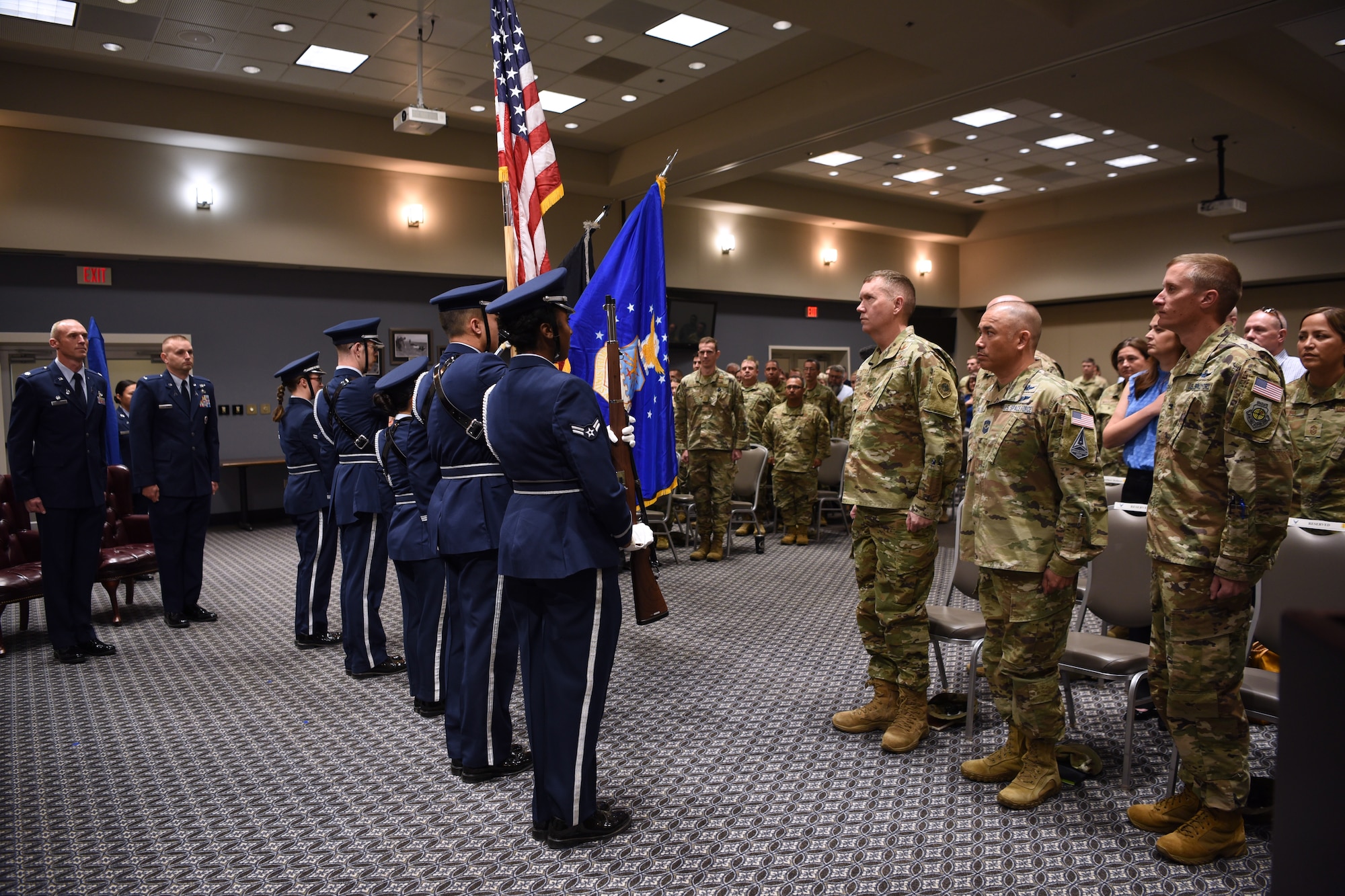 Service members assigned to the 17th Training Wing post the colors during the activation and assumption of responsibility for the 533rd Training Squadron, Detachment 1, at the Powell Event Center, Goodfellow Air Force Base, Texas, June 21, 2022. The activation of the 533rd TRS Det 1 officially establishes the Space Force’s own organized intelligence technical training unit. (U.S. Air Force photo by Senior Airman Abbey Rieves)