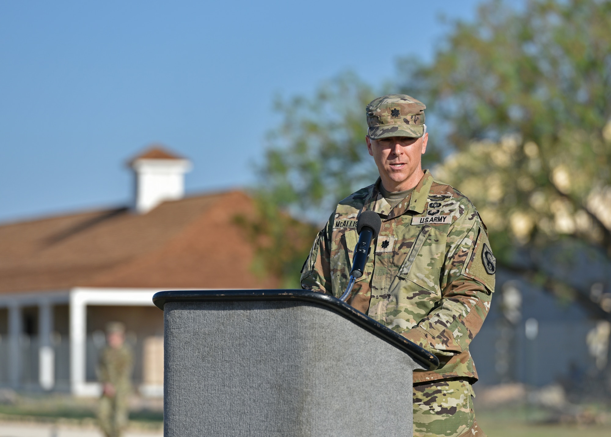 U.S. Army Lt. Col. John McAllister, incoming 344th Military Intelligence Battalion commander, speaks during the 344th MI BN change of command ceremony at Fort Concho, San Angelo, Texas, June 21, 2022. The ceremony was held at Fort Concho, which was established in 1867, and is a National Historical Landmark. (U.S. Air Force photo by Senior Airman Ashley Thrash)