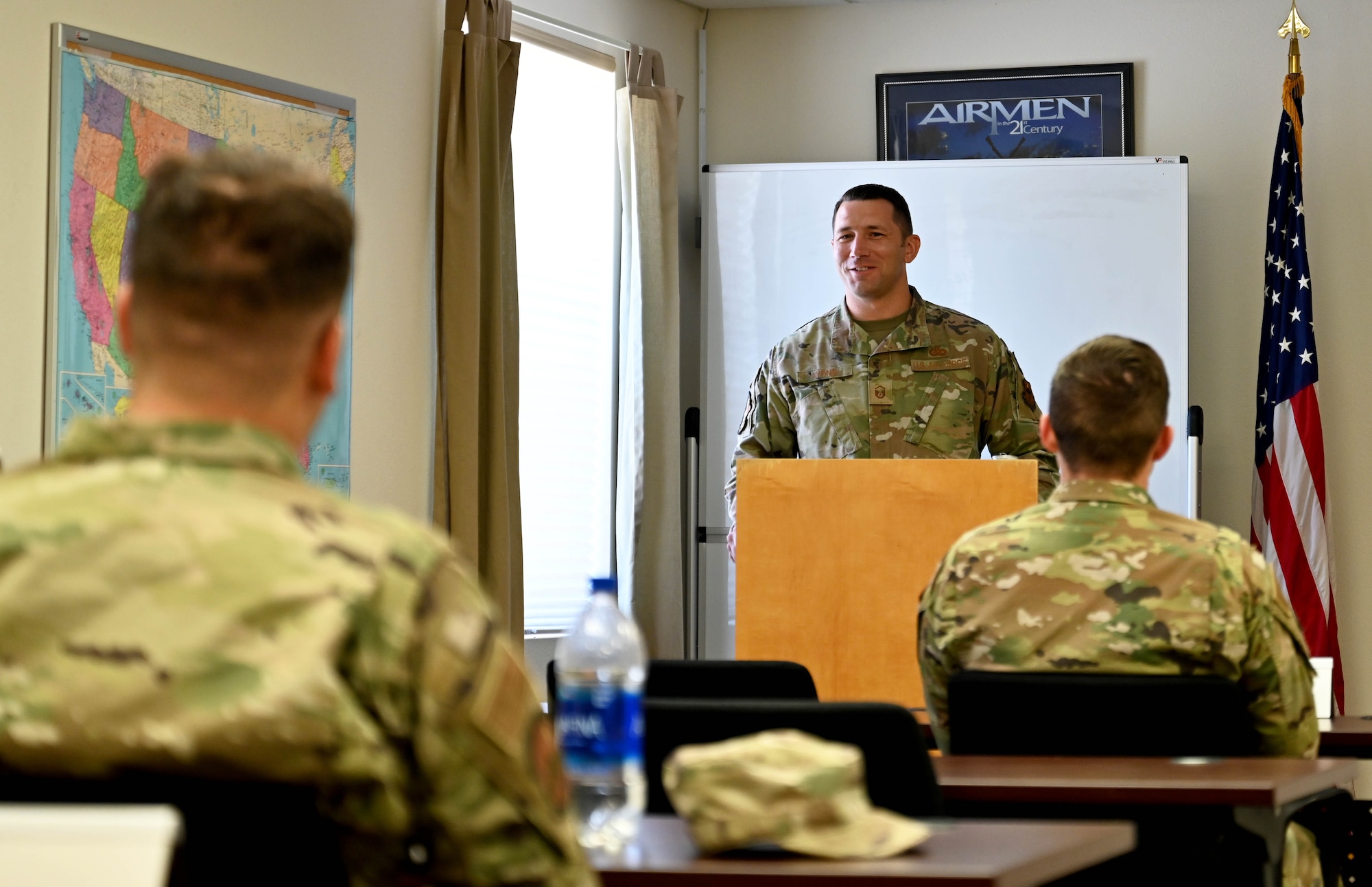 Master Sgt. Jayson Lyons, 49th Logistics Readiness Squadron section chief, teaches a first-term Airmen center class June 8, 2022, at Holloman Air Force Base, New Mexico. Lyons became a Master Resilience Trainer to help younger service members learn the skills and tools to overcome challenges. (U.S. Air Force photo by Airman 1st Class Corinna Diaz)