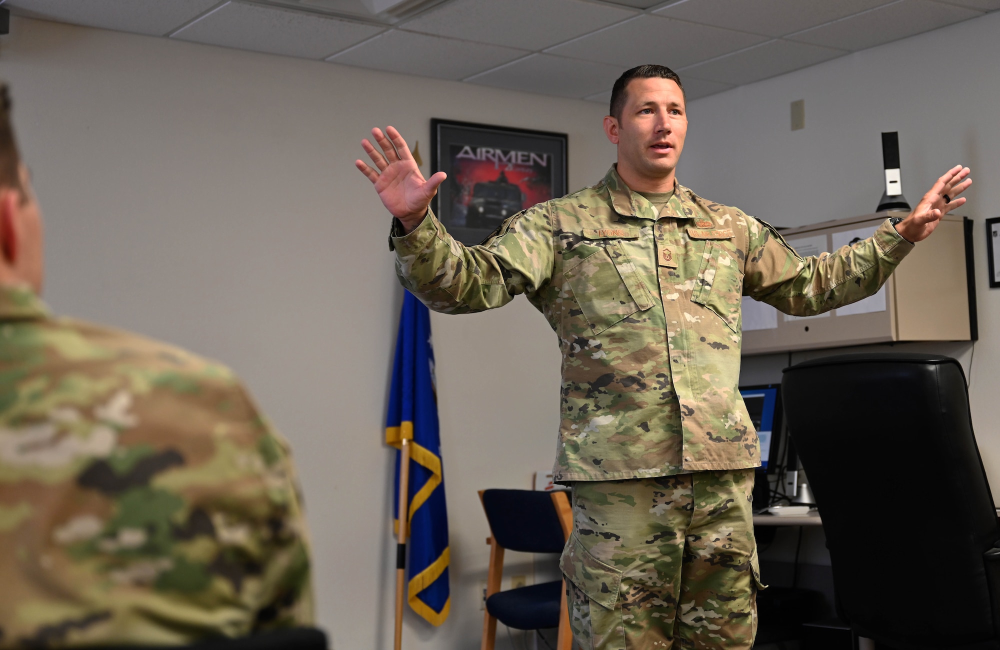 Master Sgt. Jayson Lyons, 49th Logistics Readiness Squadron section chief, teaches a first-term Airmen center class June 8, 2022, at Holloman Air Force Base, New Mexico. Lyons taught resiliency skills to Airmen who were new to the base to cope with the stress of military life. (U.S. Air Force photo by Airman 1st Class Corinna Diaz)