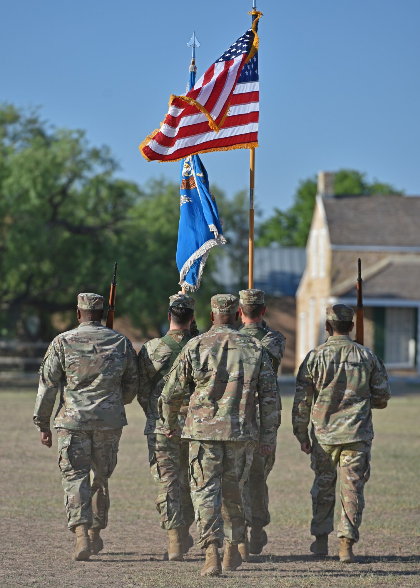 U.S. Army Command Sgt. Maj. Sudan Baker, 344th Military Intelligence Battalion command sergeant major, marches with the Army Color Guard during the 344th MI BN change of command ceremony at Fort Concho, San Angelo, Texas, June 21, 2022. The Army Color Guard is responsible for presenting the colors during the National Anthem. (U.S. Air Force photo by Senior Airman Ashley Thrash)