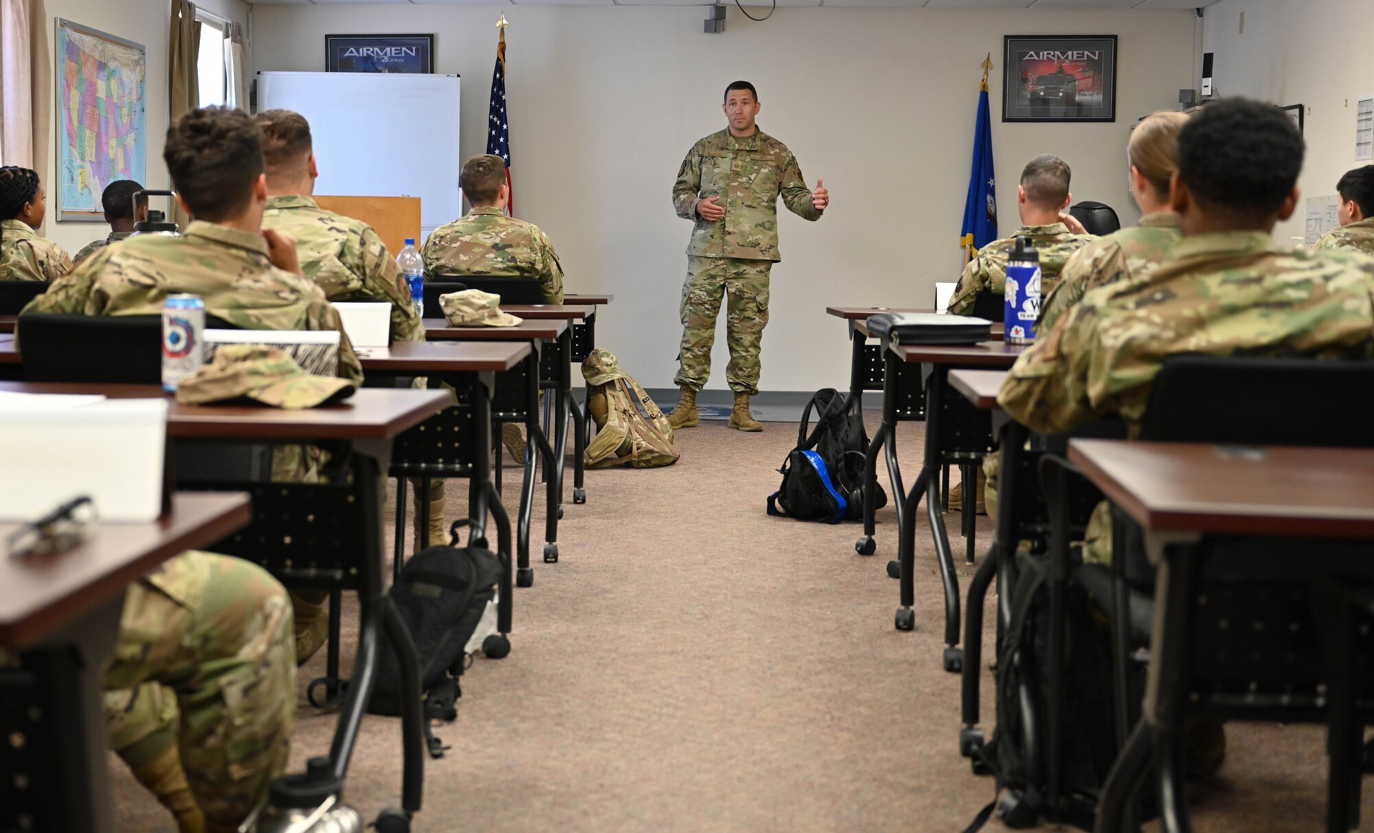 Master Sgt. Jayson Lyons, 49th Logistics Readiness Squadron section chief, teaches a first-term Airmen center class June 8, 2022, at Holloman Air Force Base, New Mexico. Lyons shared a personal story about practicing resilience to explain the importance of using resiliency skills. (U.S. Air Force photo by Airman 1st Class Corinna Diaz)