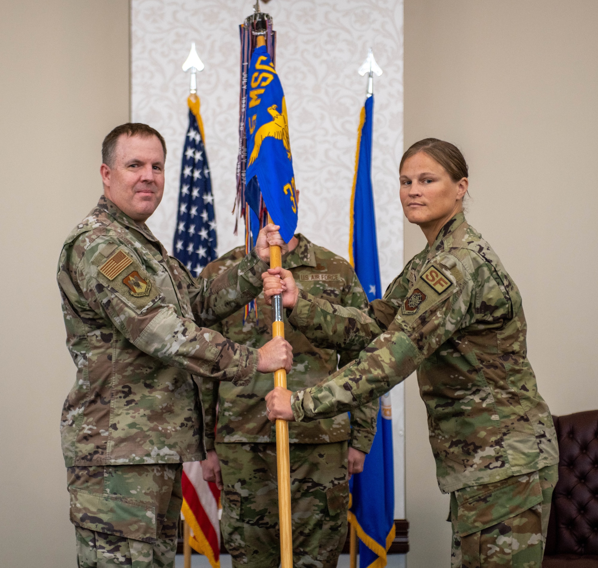 The passing of the guidon during a change of command ceremony.