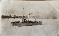 Scan of original postcard image of CGC ALGONQUIN breaking ice along the Columbia River, dated 5 December 1919.