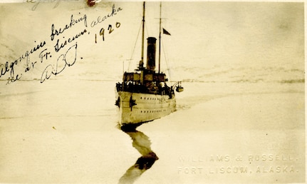 A photo of CGC ALGONQUIN breaking ice at "Tt. Liscum," Alaska, 1920.