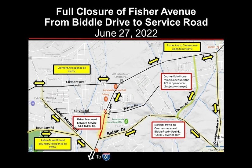 A graphic detailing detours for an upcoming closure of Fisher Avenue at Fort Indiantown Gap as part of the ongoing access-control point construction project.