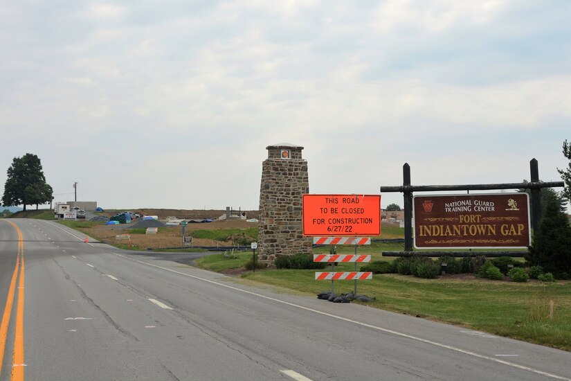 A sign on Fisher Avenue at Fort Indiantown Gap announces an upcoming road closure as part of the ongoing access-control point construction project.