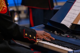 U.S. Marine Corps Sgt. Joseph Robert Jr., a pianist with the 2d Marine Division Band, performs at Cité de la Musique et de la Danse de Soissons, France, May 27, 2022. This is an annual formal concert that serves to commemorate American participation in World War I.