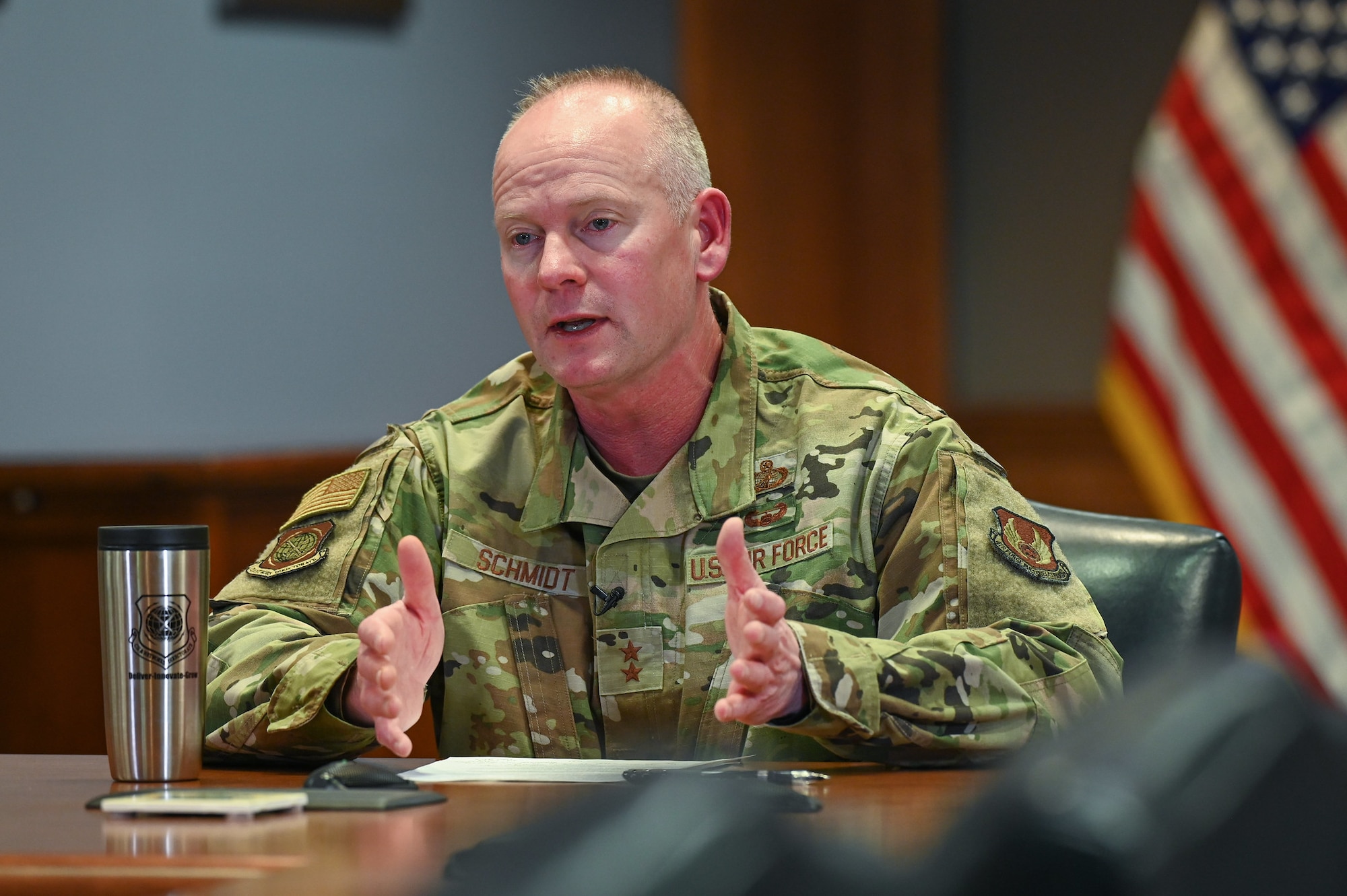 Maj. Gen. Michael Schmidt, program executive officer, Command, Control, Communications, Intelligence and Networks, provides program updates April 12 during the second week of the Lexington-Concord chapter of AFCEA’s New Horizons 2022. Schmidt, who has served as PEO C3I&N at Hanscom Air Force Base, Mass., since April 2018, is preparing to transition to his new role as the director of the Joint Strike Fighter Program, Office of the Secretary of Defense, headquartered in Arlington, Virginia. (U.S. Air Force photo by Todd Maki)