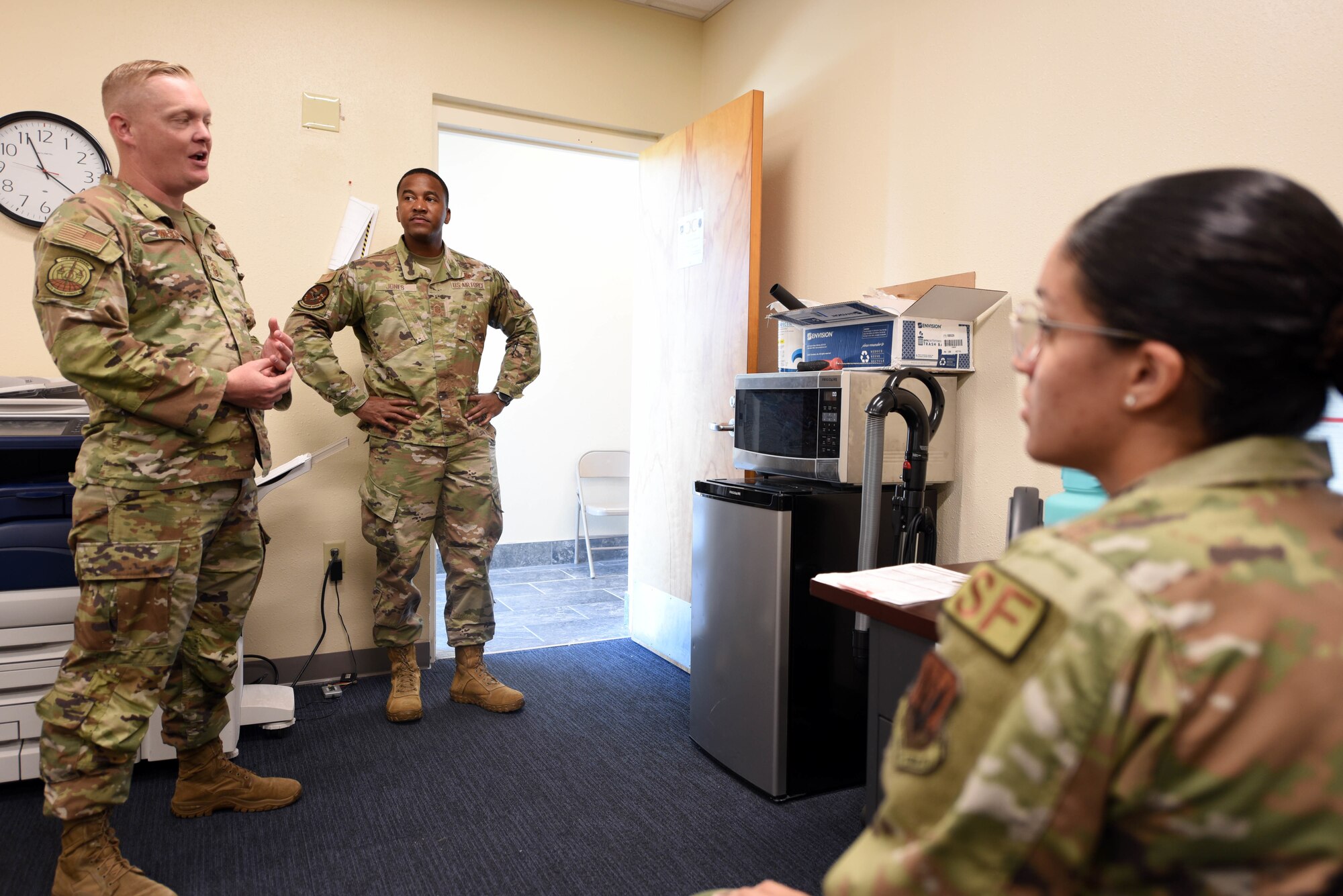 First sergeants talk to an Airman