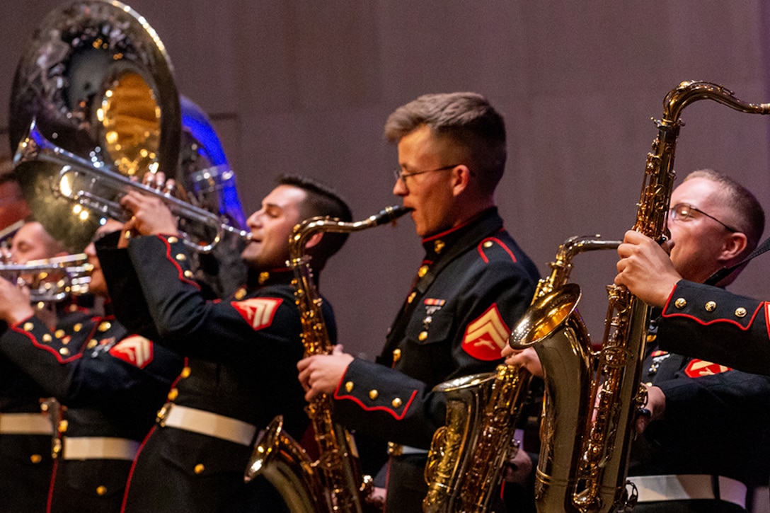 U.S. Marines with the 2nd Marine Division Band perform at Cité de la Musique et de la Danse de Soissons, France, May 27, 2022. This is an annual formal concert that serves to commemorate American participation in World War I.