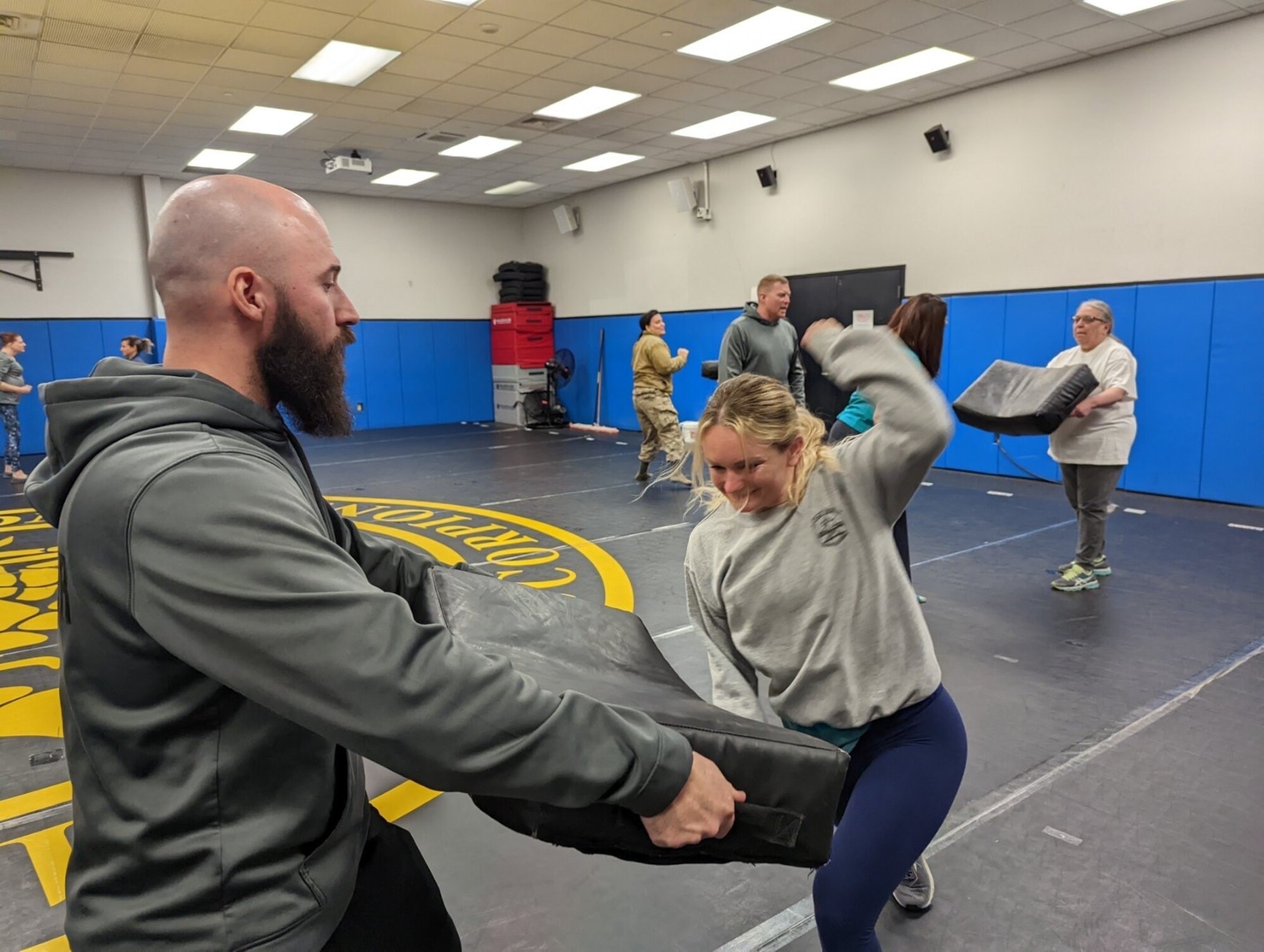 OSI Academy Detachment 1 joined sexual assault prevention offices at Joint Base McGuire-Dix-Lakehurst, New Jersey, in April 2022, to conduct a self-defense seminar for survivors of sexual assault.  The training provided a variety of physical self-defense techniques applicable by anyone regardless of physical ability. (Photo courtesy OSIA Det. 1)