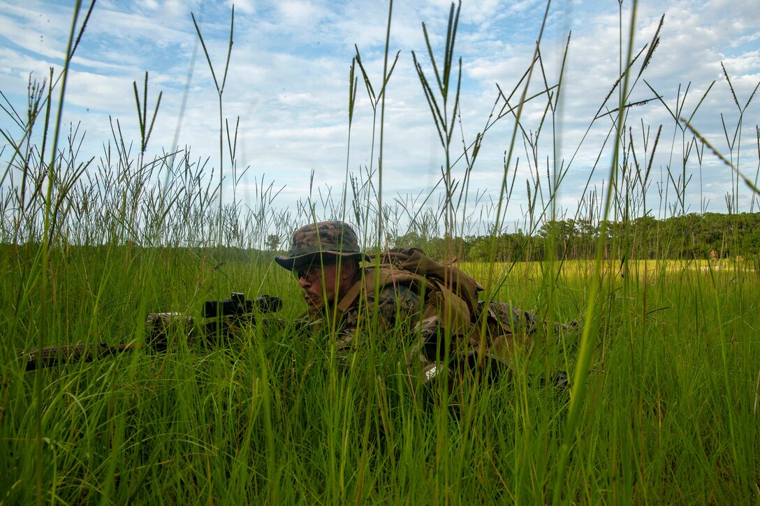 A Marine aims a weapon while kneeling in tall grass.