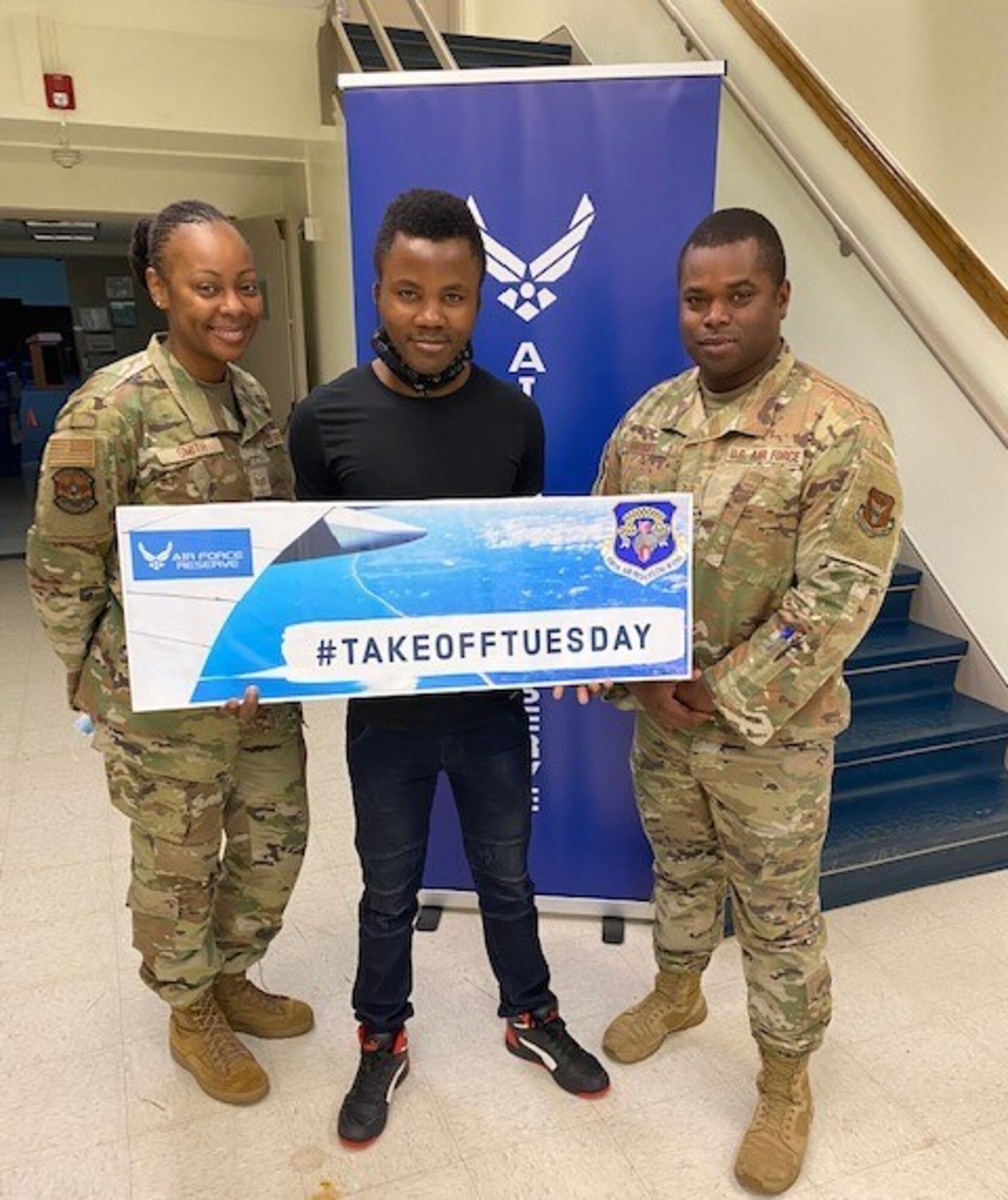 Taking off this week is our new recruit Fabrice Numbu from Lanham, Md. He's all set to take off for basic military training. Pictured with him are Staff Sgt. Ceru Smith, 459th ARW Development & Training Flight Program Manager, and Tech Sgt. David Bryant III from the 459th Safety Office. Numbu will join the 69th Aerial Port Squadron.