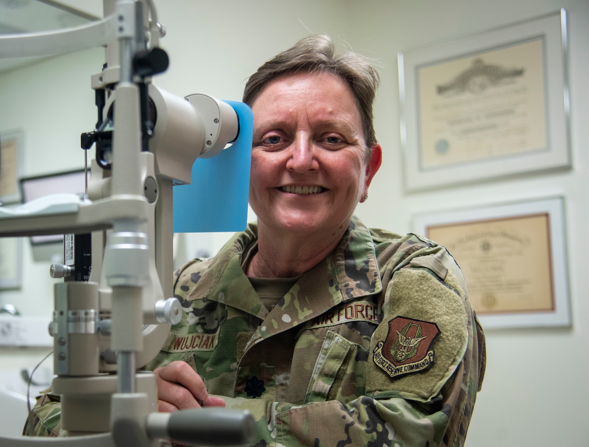 Lt. Col. Barbara Wujciak, 4th Medical Group optometrist and 916th Aerospace Medicine Squadron reservist, poses for a photo at Seymour Johnson Air Force Base, North Carolina, June 22, 2022. Wujciak actively fought for LGBTQ+ civil rights until "Don't Ask, Don't Tell" was repealed in 2010, ending a 50-year ban and 17 years of secrecy and silence for lesbian, gay and bisexual members of the U.S. military. (U.S. Air Force photo by Carolyn Herrick)