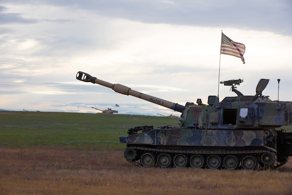 A gun crew from Bravo Battery, 1st Battalion, 145th Field Artillery, Utah National Guard, lines up their M109 Paladin for day of live fire during Western Strike 22, June 11, 2022, at Orchard Combat Training Center, Idaho.