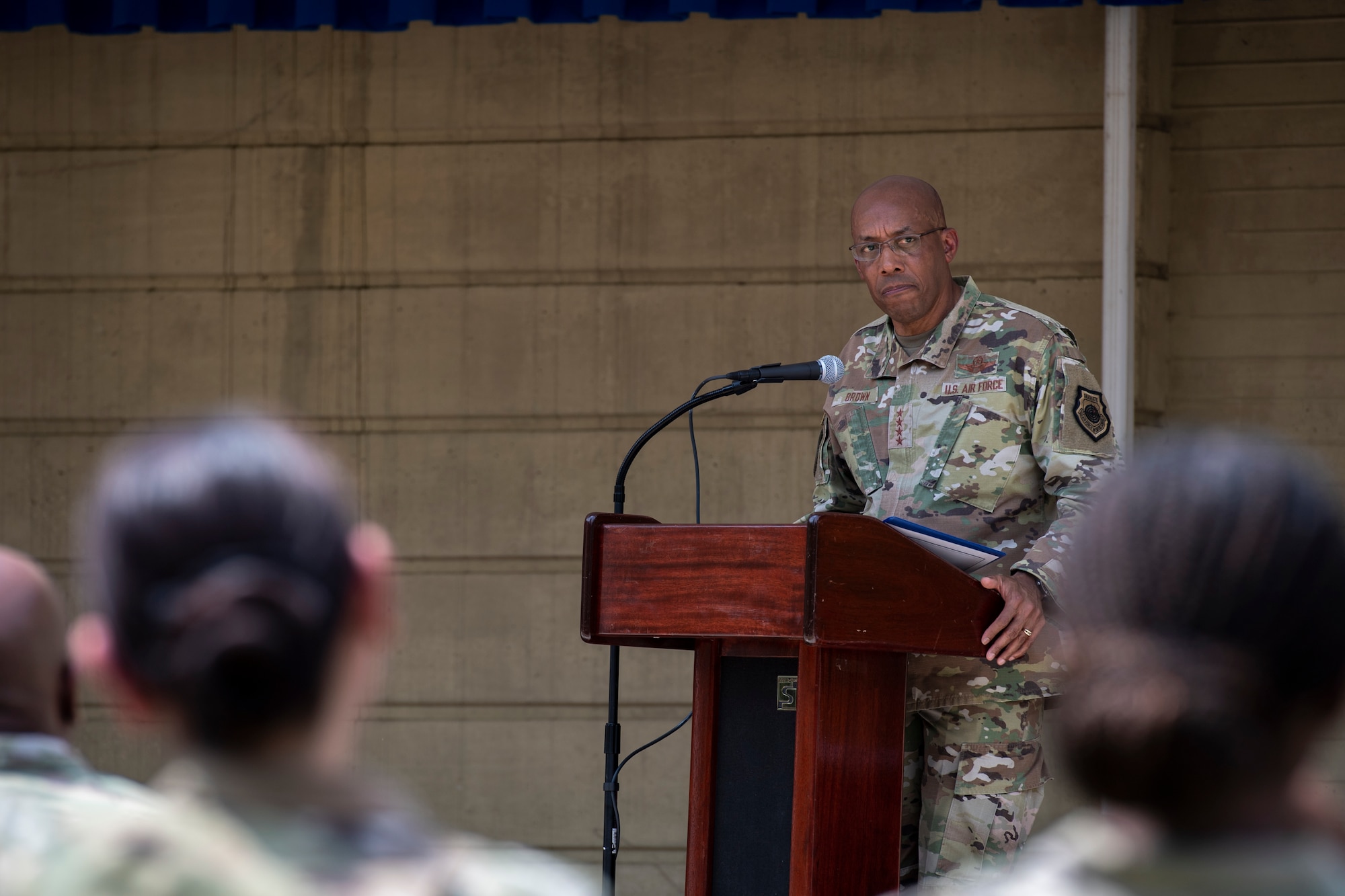 Air Force Chief of Staff Gen. CQ Brown, Jr., speaks to a crowd of attendees during a Juneteenth Celebration at the Pentagon in Arlington, Va., June 21, 2022. Brown’s message highlighted the importance of promoting an inclusive culture for all Airmen and Guardians to be able to serve to their fullest potential. (U.S. Air Force photo by Staff Sgt. Elora J. McCutcheon)