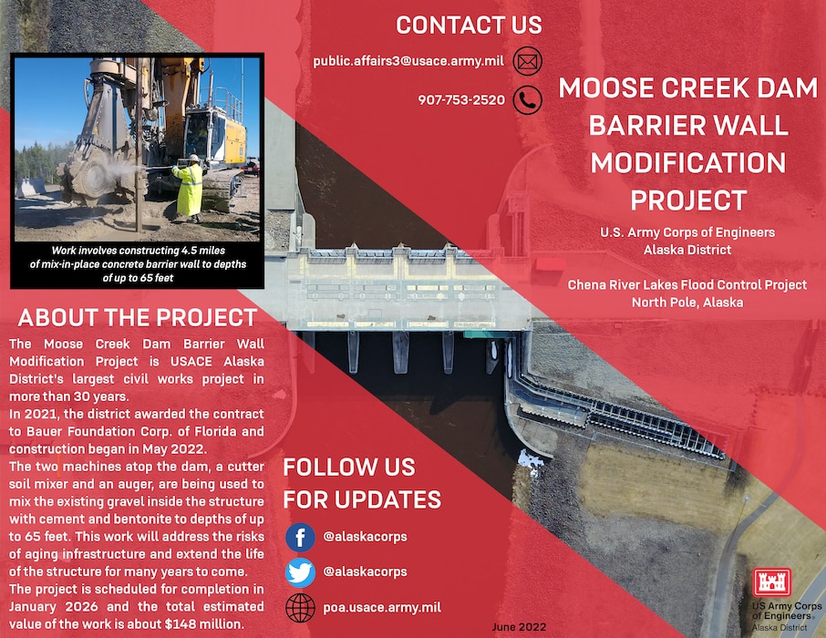 The brochure for the Moose Creek Dam Barrier Wall Modification Project provides project information, background, history and further facts about the endeavor.