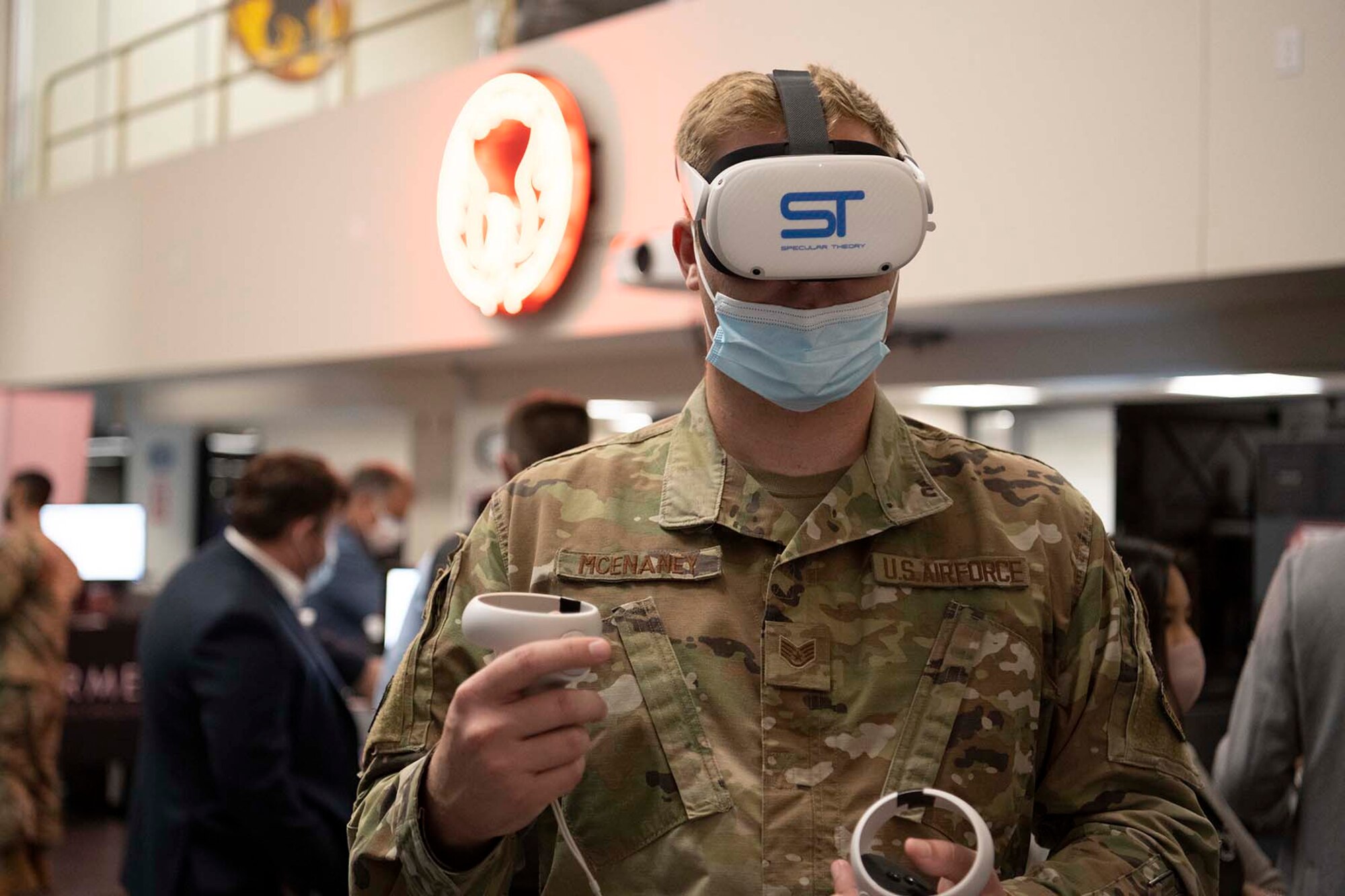 An Airman uses a virtual reality system