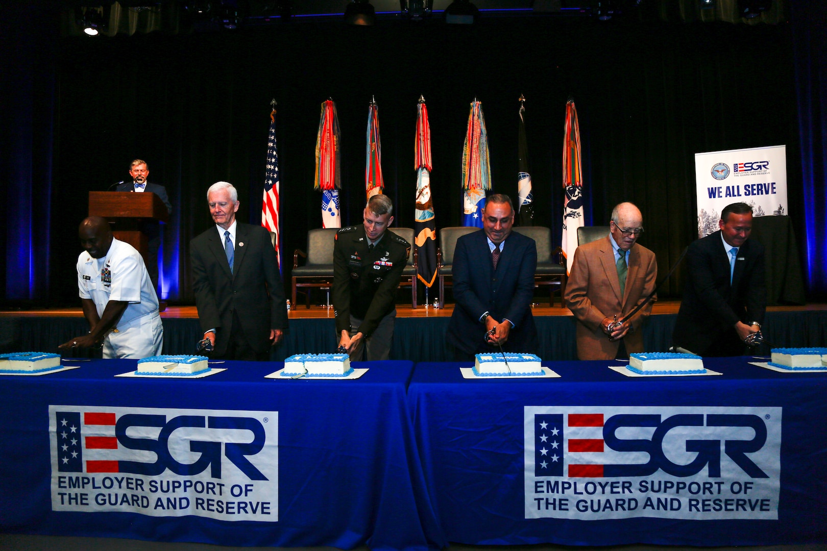 Army Gen. Daniel Hokanson, chief, National Guard Bureau, joins other distinguished guests in cutting cake during the Employer Support of the Guard and Reserve 50th Anniversary Commemoration in the Pentagon Auditorium in Washington June 22, 2022. ESGR is a Department of Defense program that was established in 1972 to promote cooperation and understanding between Guard and Reserve component service members and their civilian employers and to assist in the resolution of conflicts arising from an employee's military commitment.