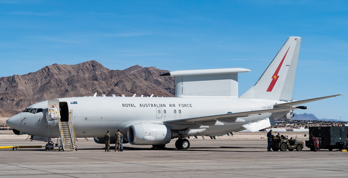 A Royal Australian Air Force E-7A Wedgetail, Airborne Early Warning and Control (AWACS) aircraft, is parked at Nellis Air Force Base, Nevada, May 6, 2022. The Air Force recently decided to replace a portion of the E-3 Sentry AWACS fleet with the E-7 Wedgetail. (U.S. Air Force photo by Airman 1st Class Makenna Gott)