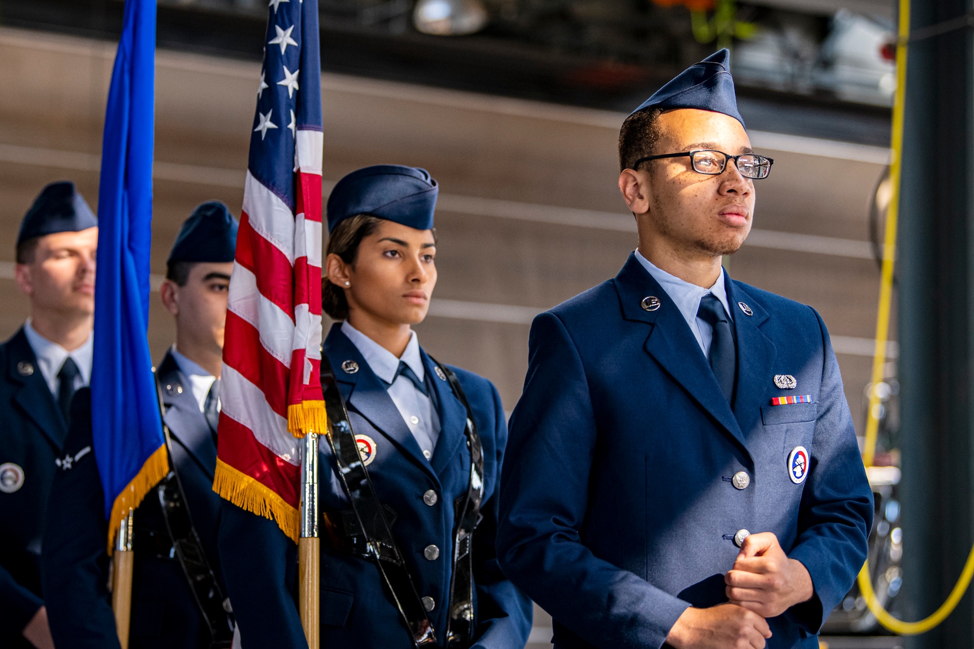 Members of the 423d Air Base Group Honor Guard stand at attention prior to a change of command ceremony at RAF Alconbury, England, June 22, 2022. The ceremony is a military tradition that represents a formal transfer of a unit’s authority from one commander to another. (U.S. Air Force photo by Staff Sgt. Eugene Oliver)